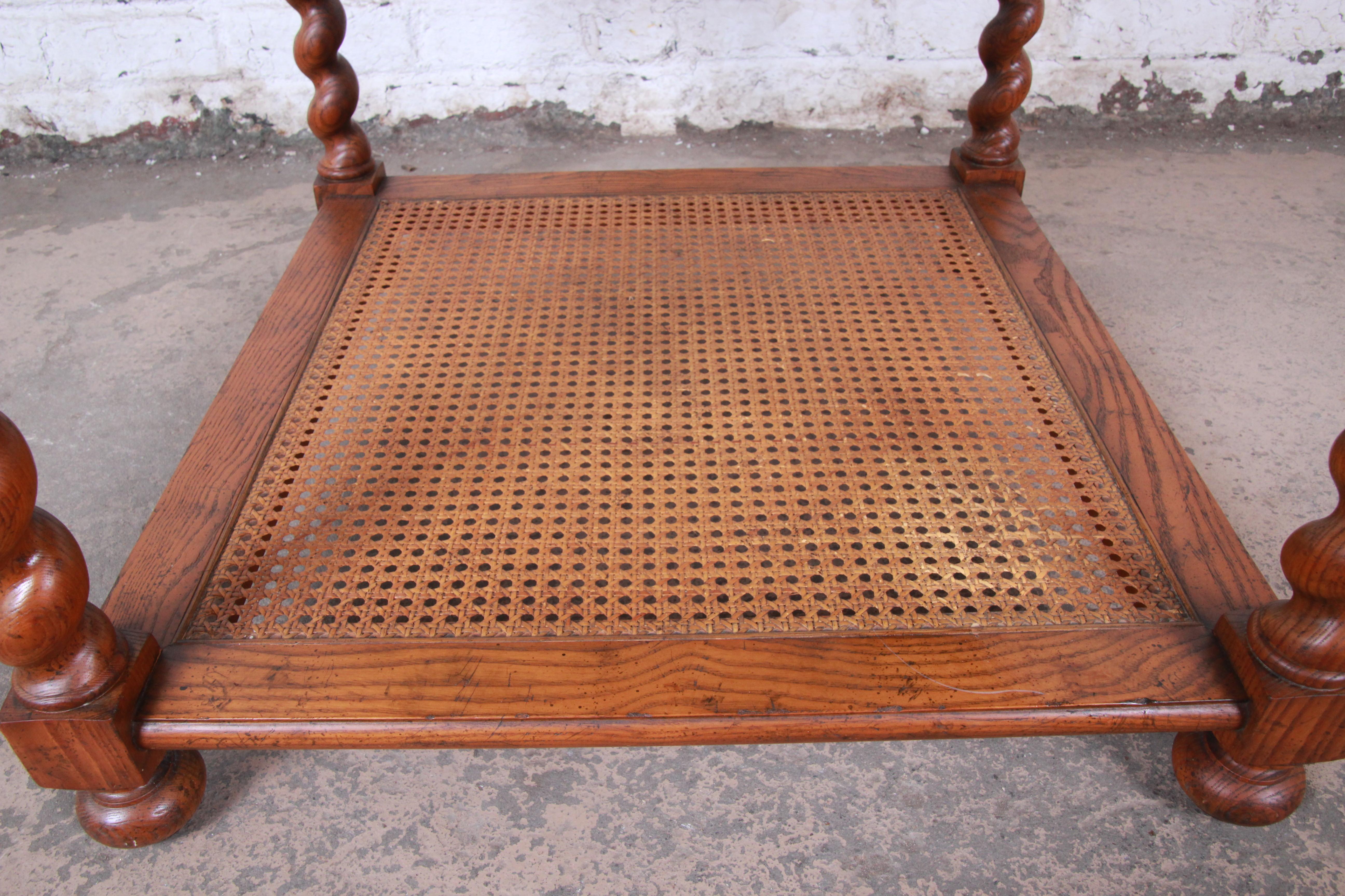 Brass Baker Furniture English Barley Twist Oak, Burl, and Cane Tea Table