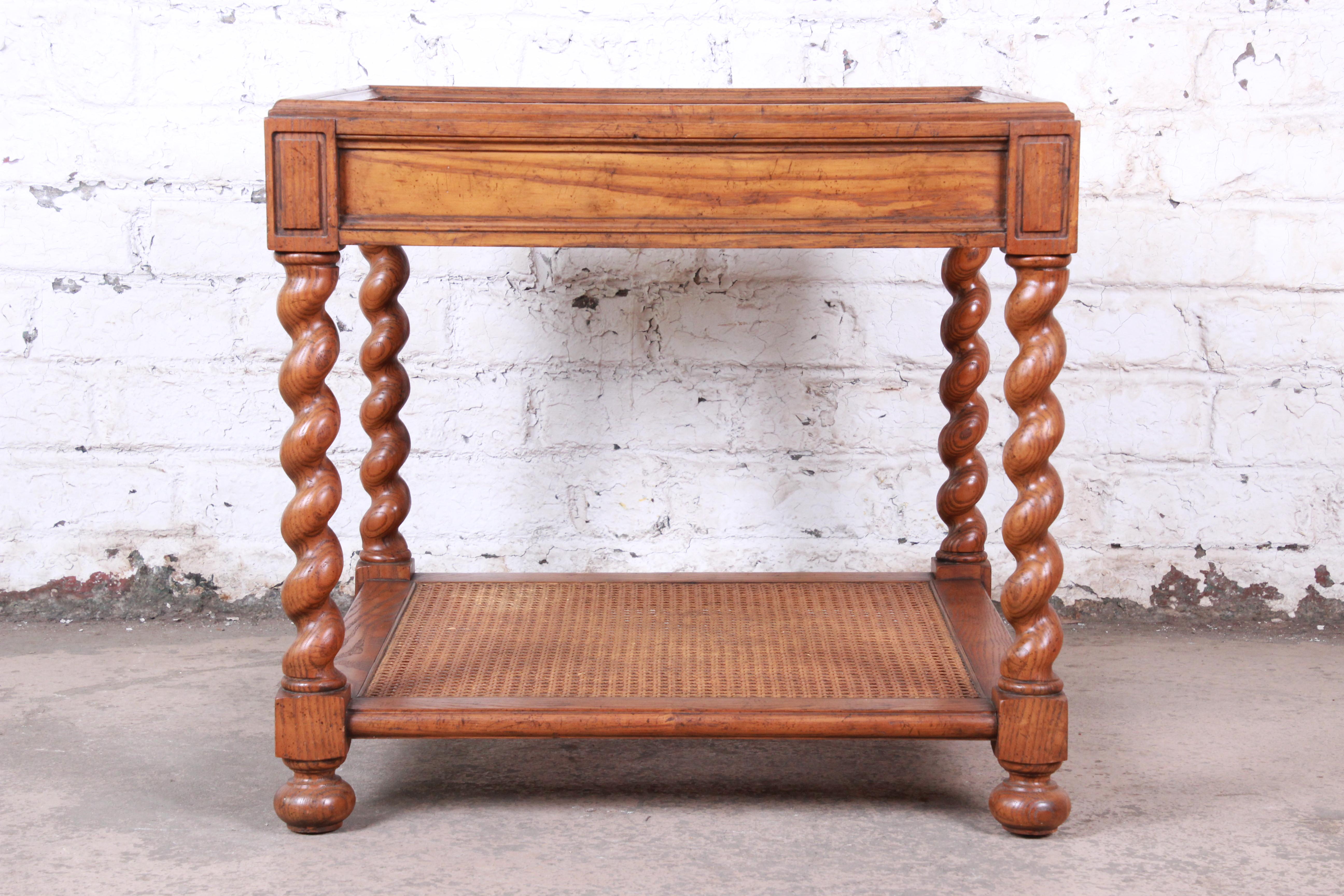 Baker Furniture English Barley Twist Oak, Burl, and Cane Tea Table 1