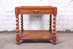 Baker Furniture English Barley Twist Oak, Burl, and Cane Tea Table