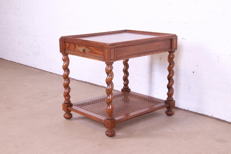 Baker Furniture English Barley Twist Oak, Burl, and Cane Tea Table In Good Condition For Sale In South Bend, IN