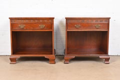 Baker Furniture English Chippendale Carved Mahogany Nightstands, Pair