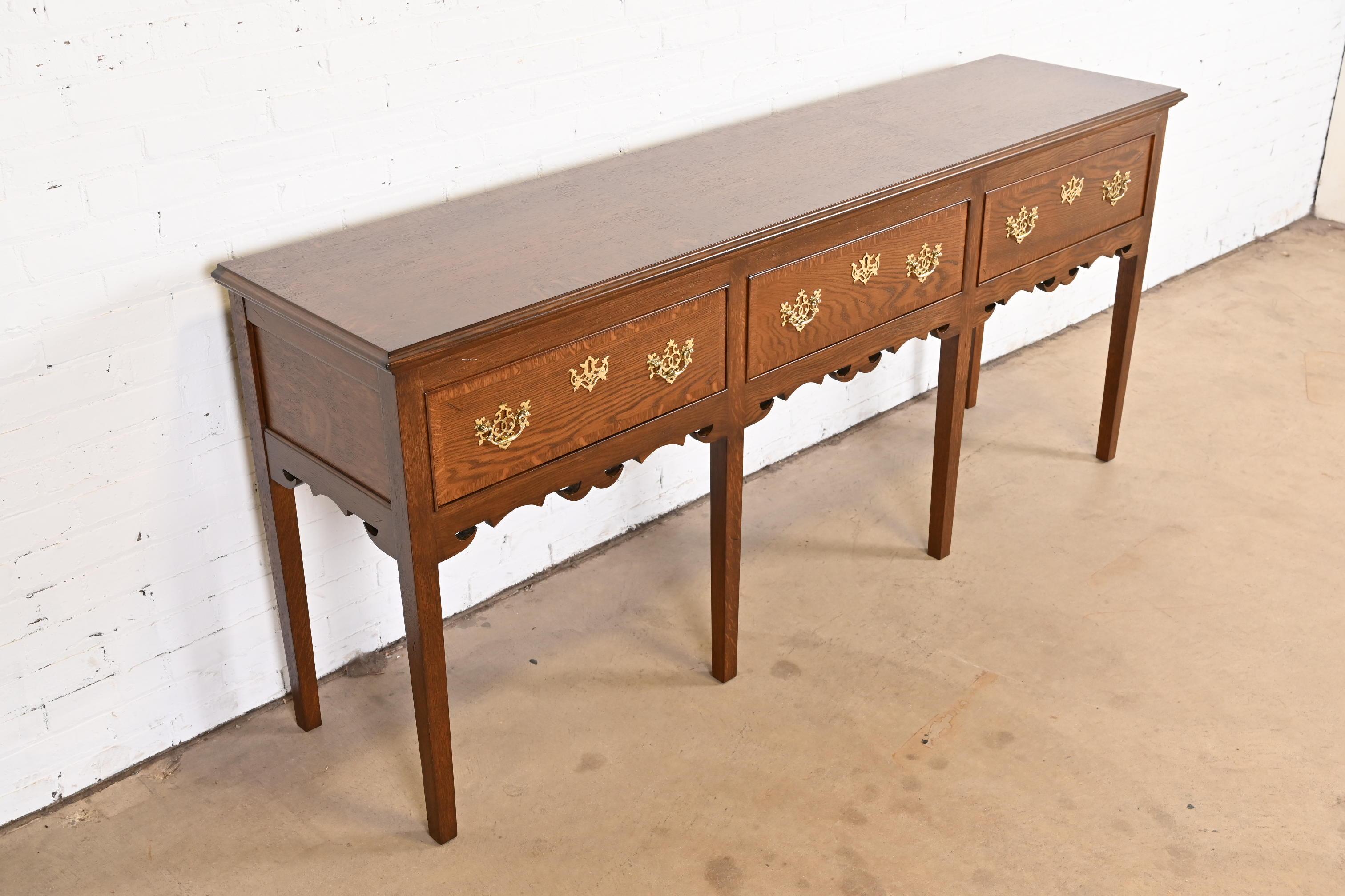 Brass Baker Furniture English Georgian Banded Oak Sideboard, Newly Refinished For Sale