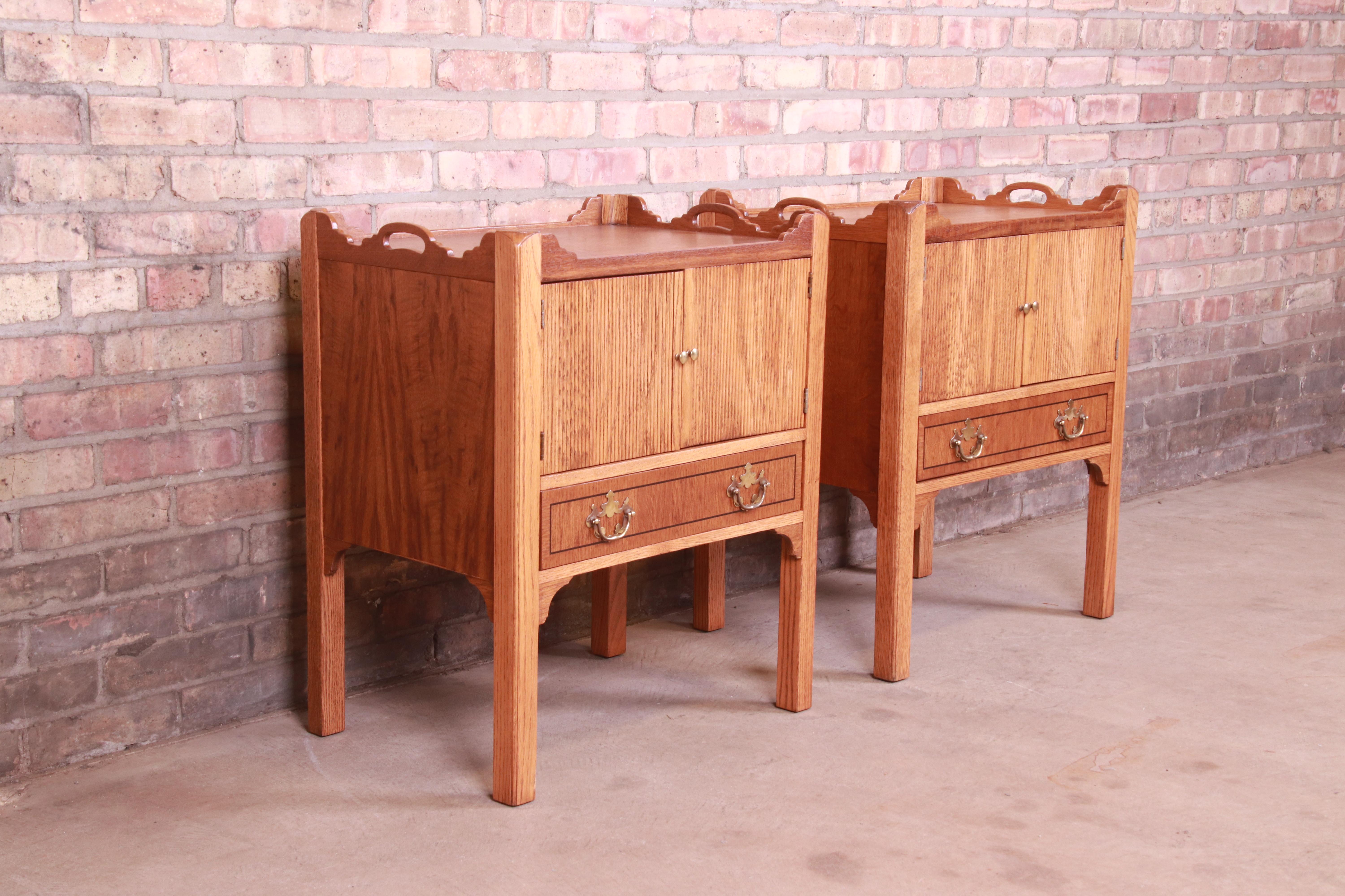 Brass Baker Furniture English Georgian Oak Nightstands, Newly Refinished