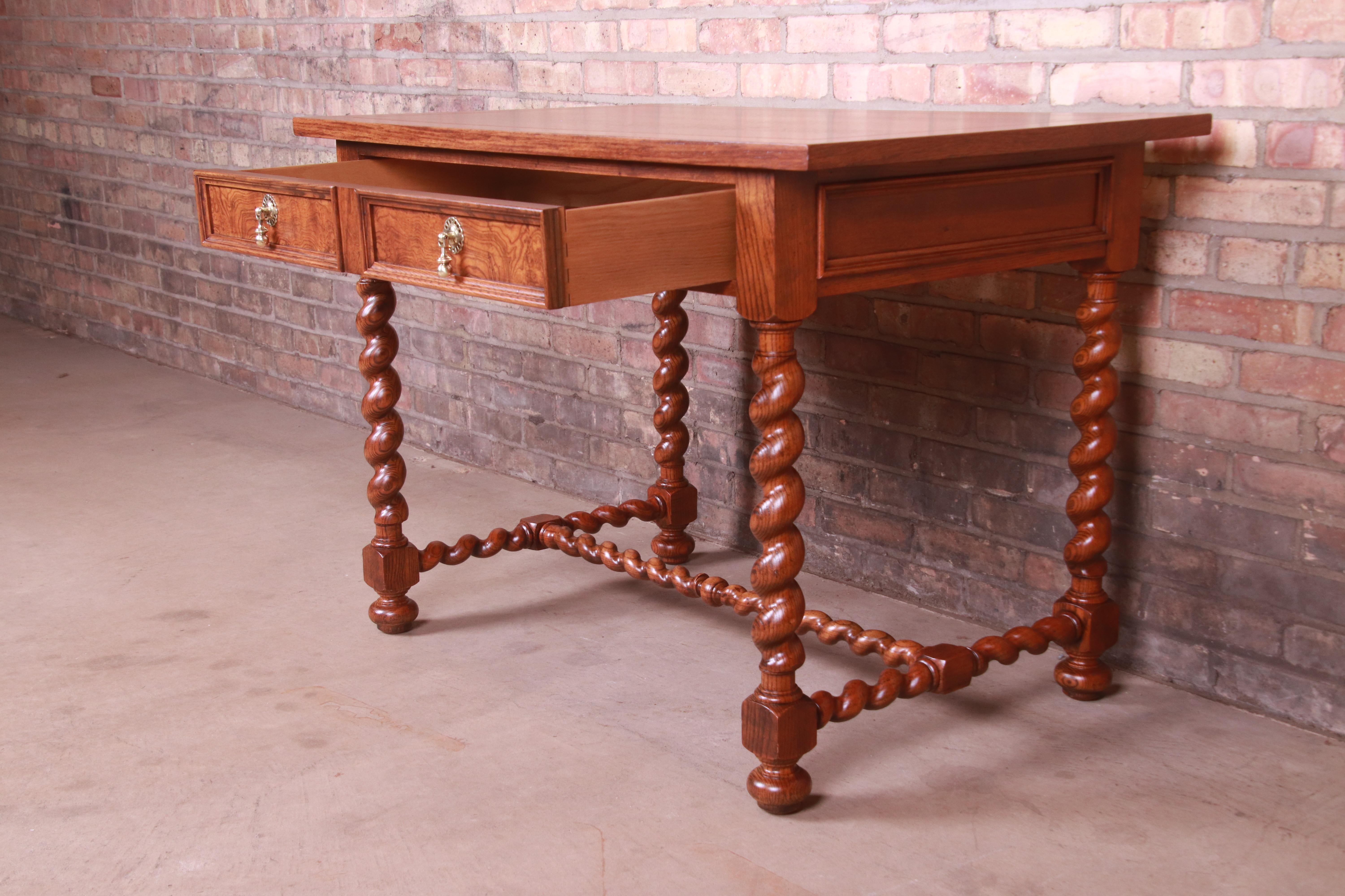 Brass Baker Furniture English Oak and Burl Wood Barley Twist Writing Desk, Refinished For Sale