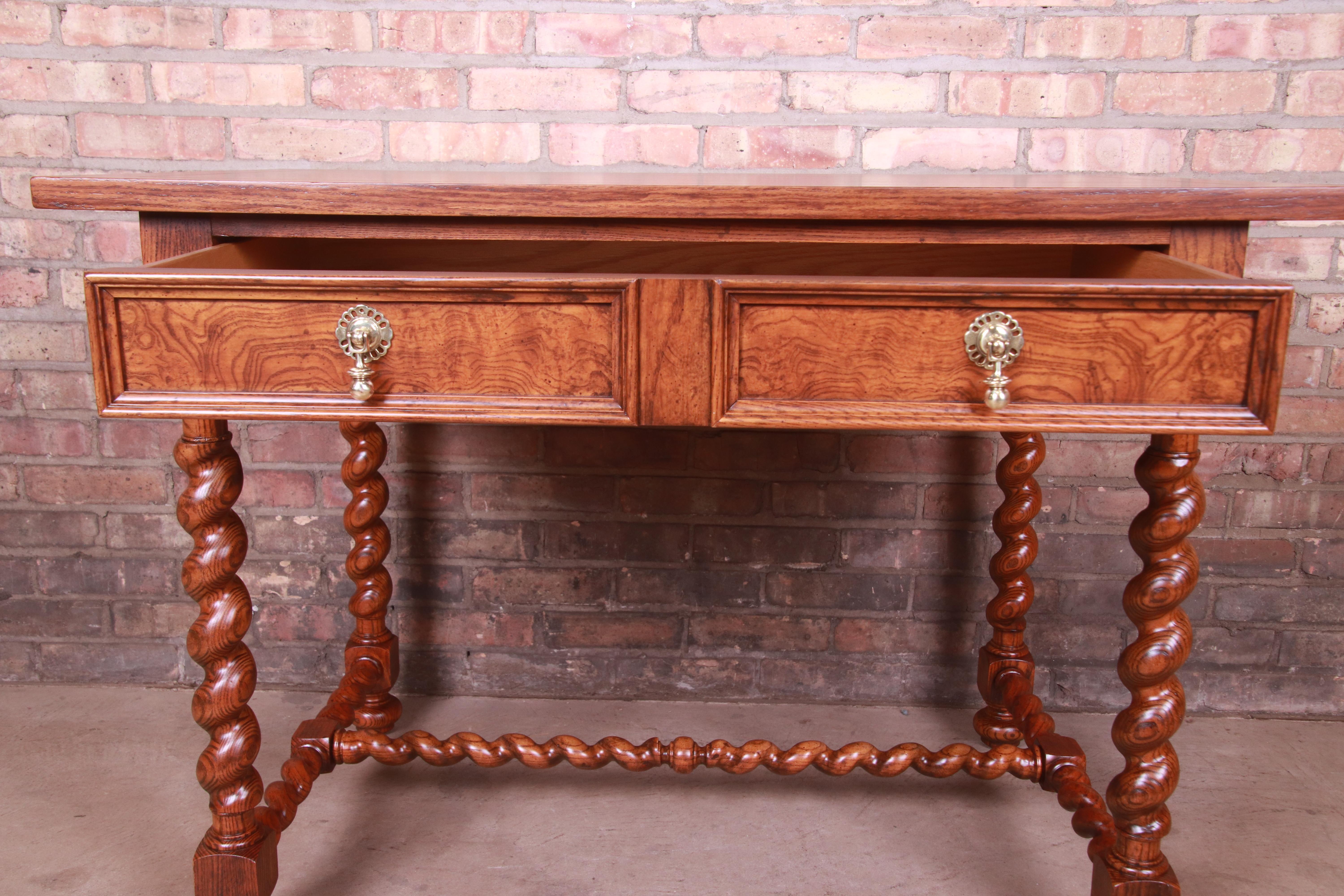 Baker Furniture English Oak and Burl Wood Barley Twist Writing Desk, Refinished For Sale 1