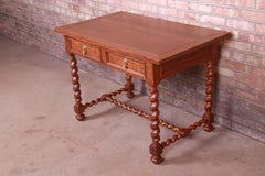 Baker Furniture English Oak and Burl Wood Barley Twist Writing Desk, Refinished