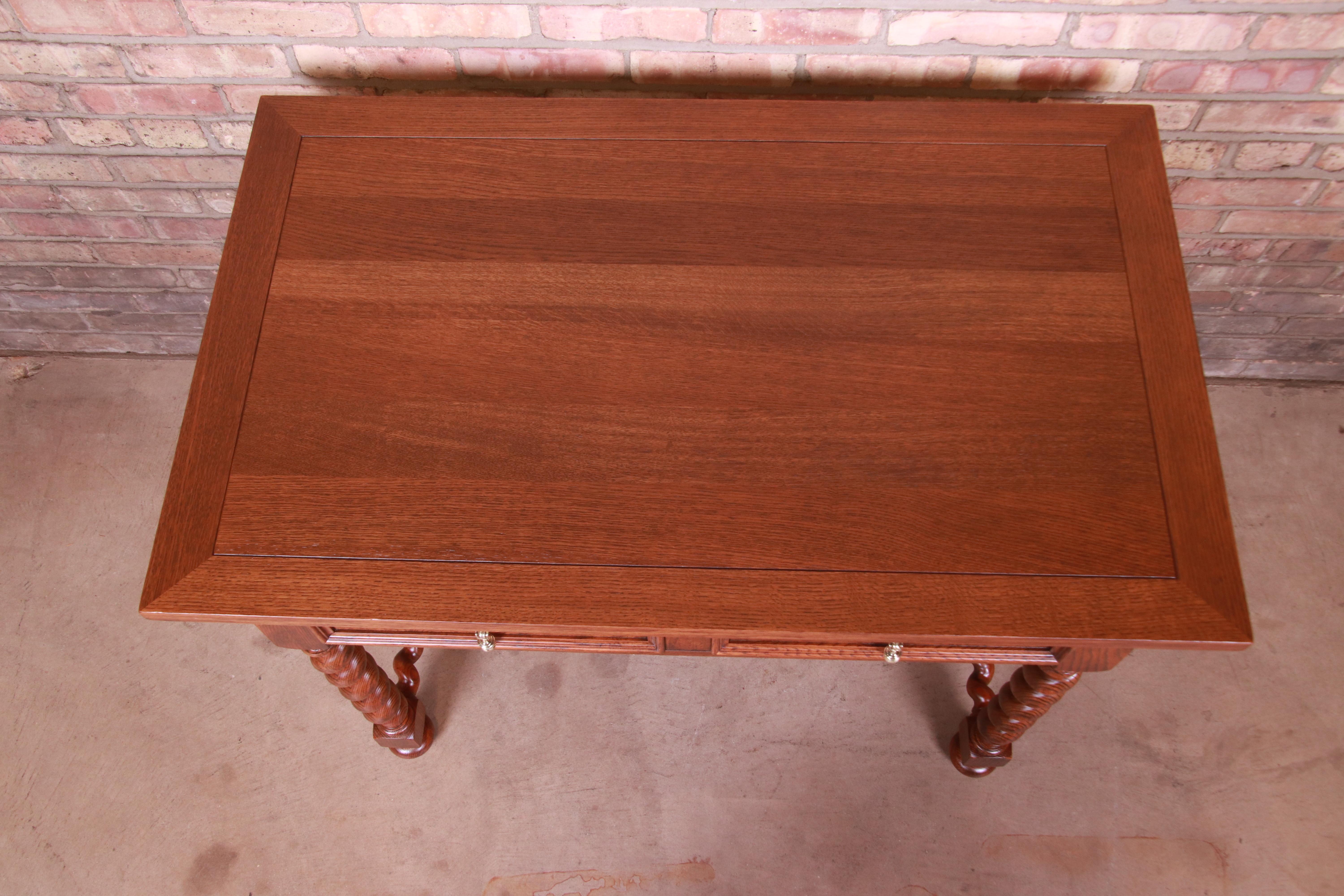 American Baker Furniture English Oak and Burl Wood Barley Twist Writing Desk, Refinished For Sale