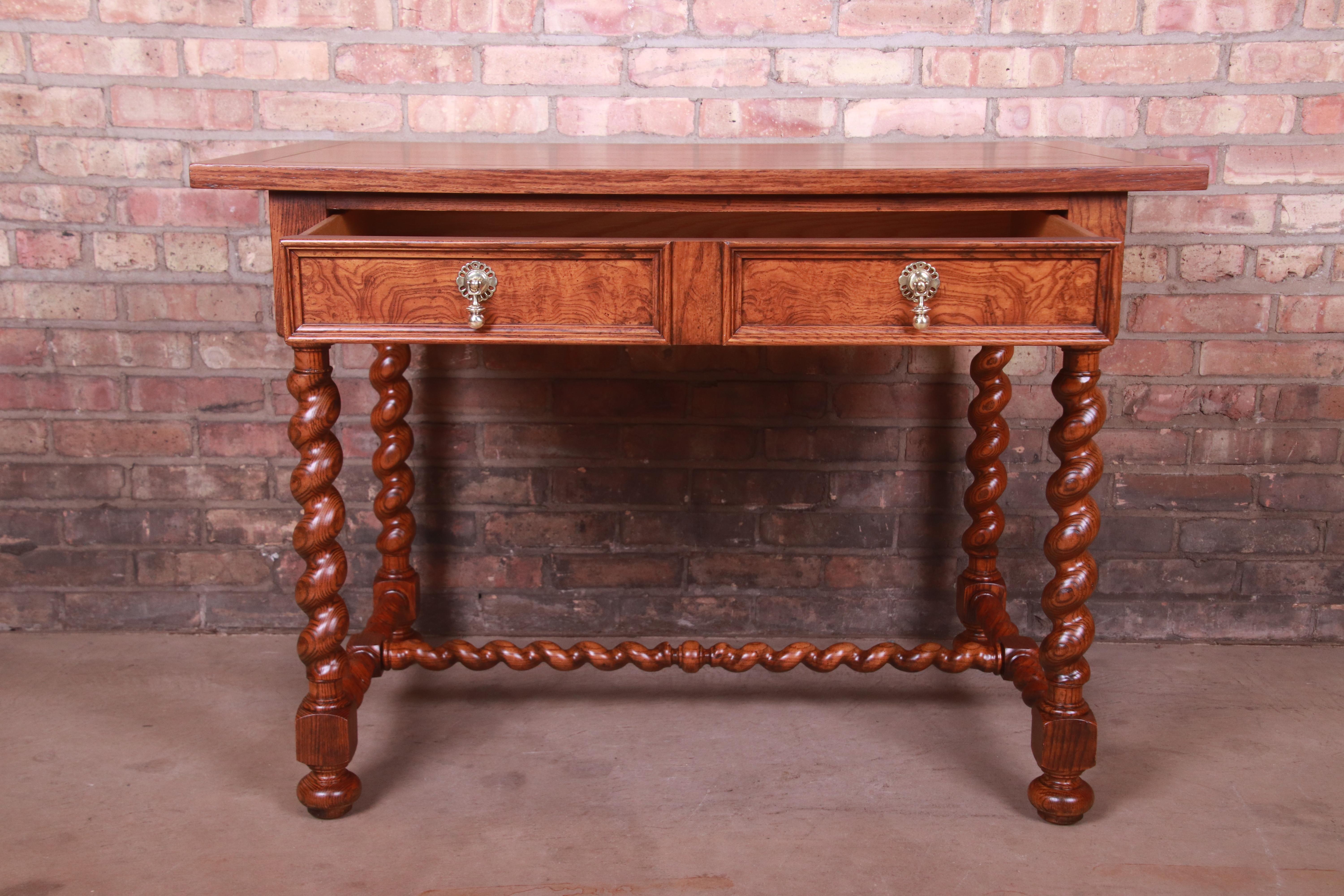 20th Century Baker Furniture English Oak and Burl Wood Barley Twist Writing Desk, Refinished For Sale