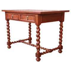 Baker Furniture English Oak and Burl Wood Barley Twist Writing Desk, Refinished
