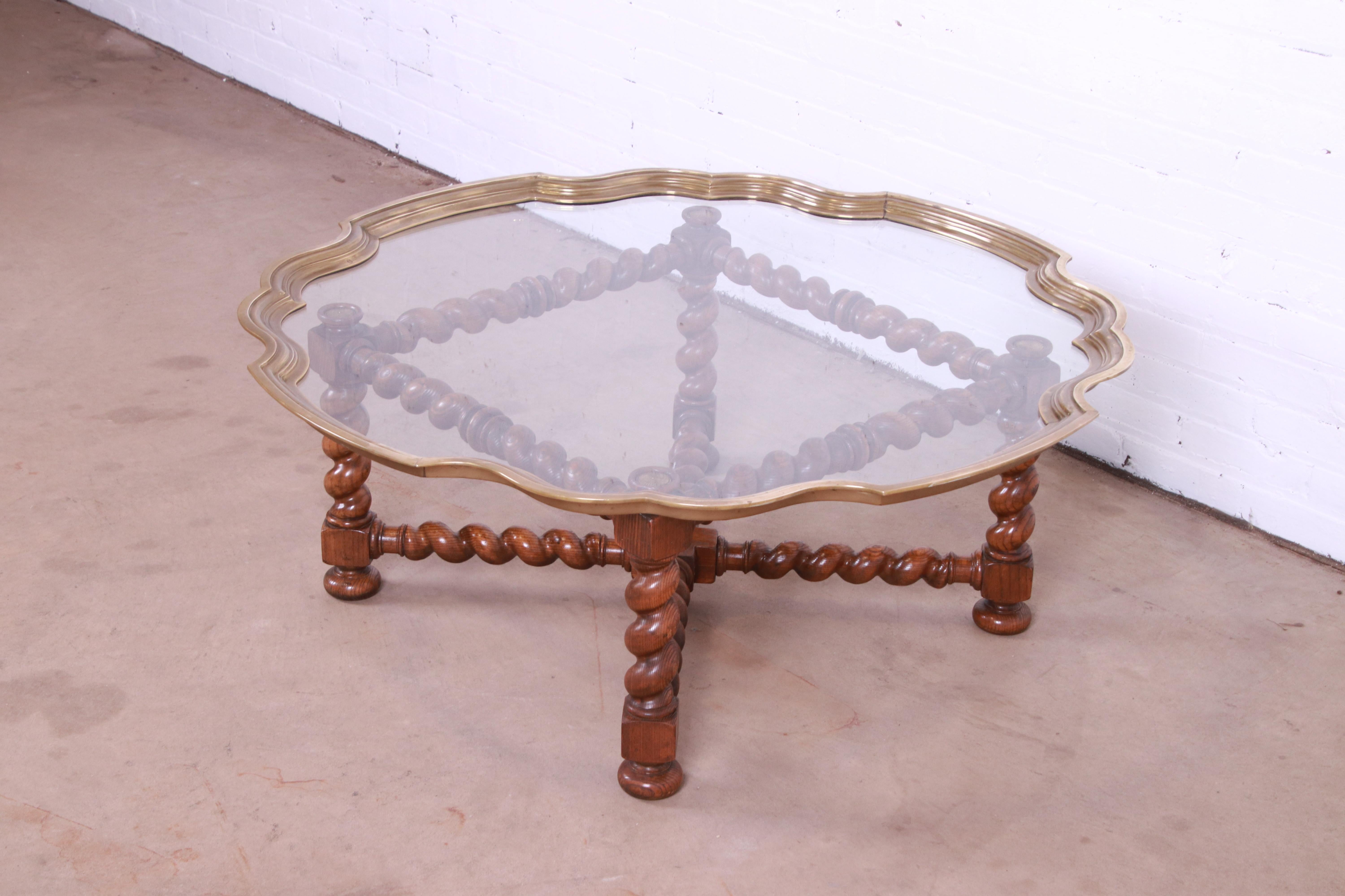 Regency Baker Furniture English Oak Barley Twist Cocktail Table with Brass and Glass Top