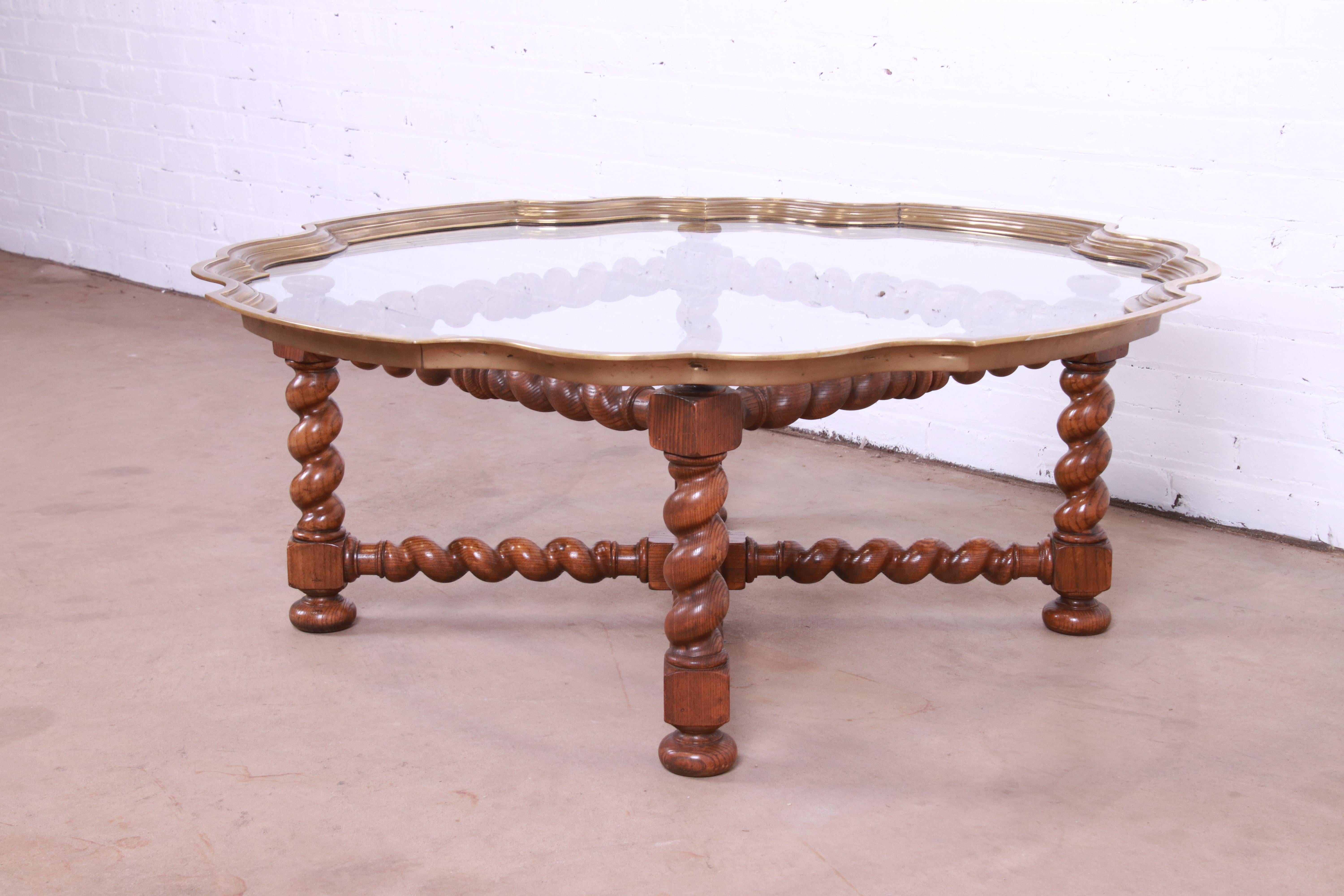 American Baker Furniture English Oak Barley Twist Cocktail Table with Brass and Glass Top