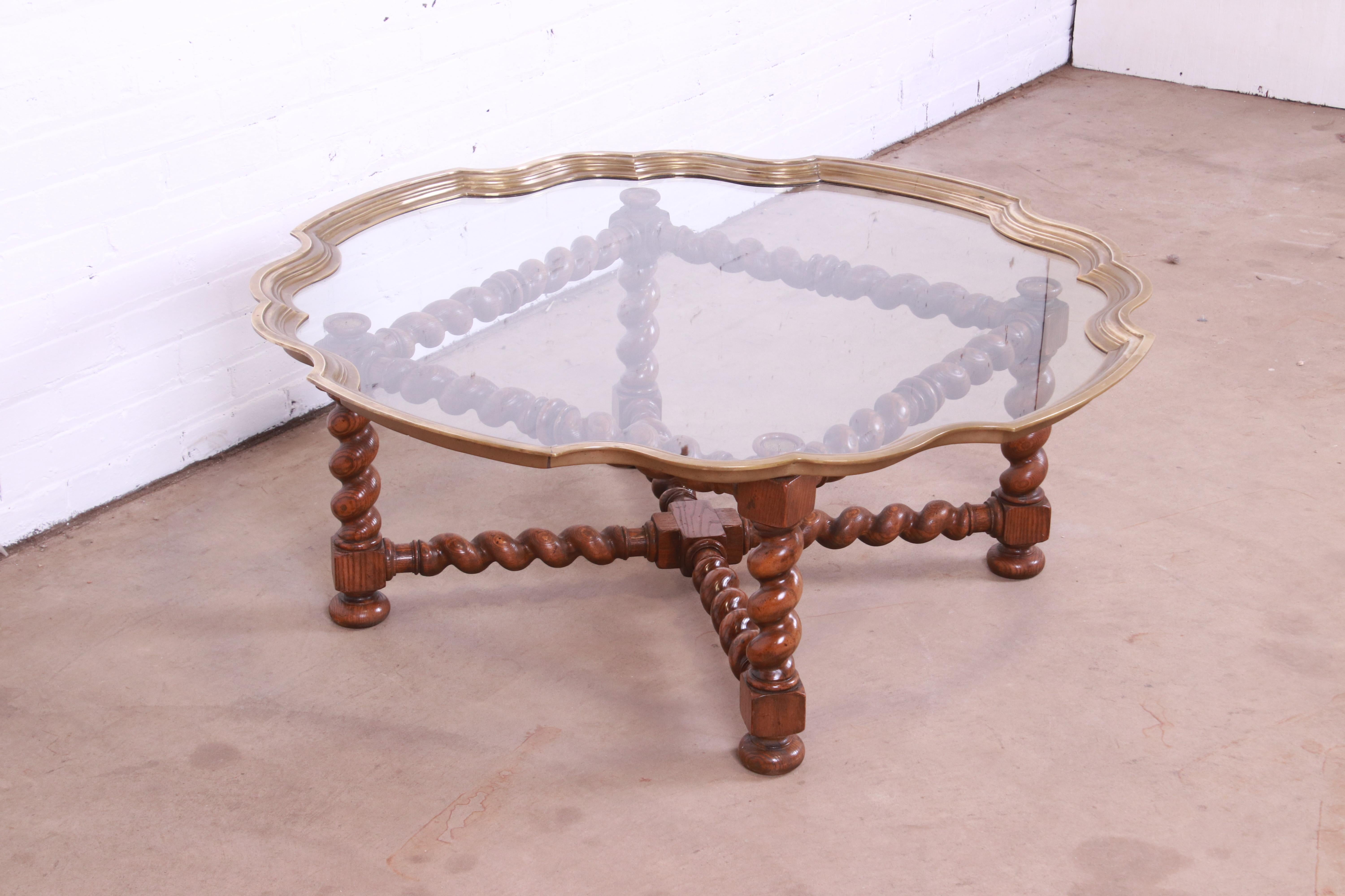 Baker Furniture English Oak Barley Twist Cocktail Table with Brass and Glass Top In Good Condition In South Bend, IN