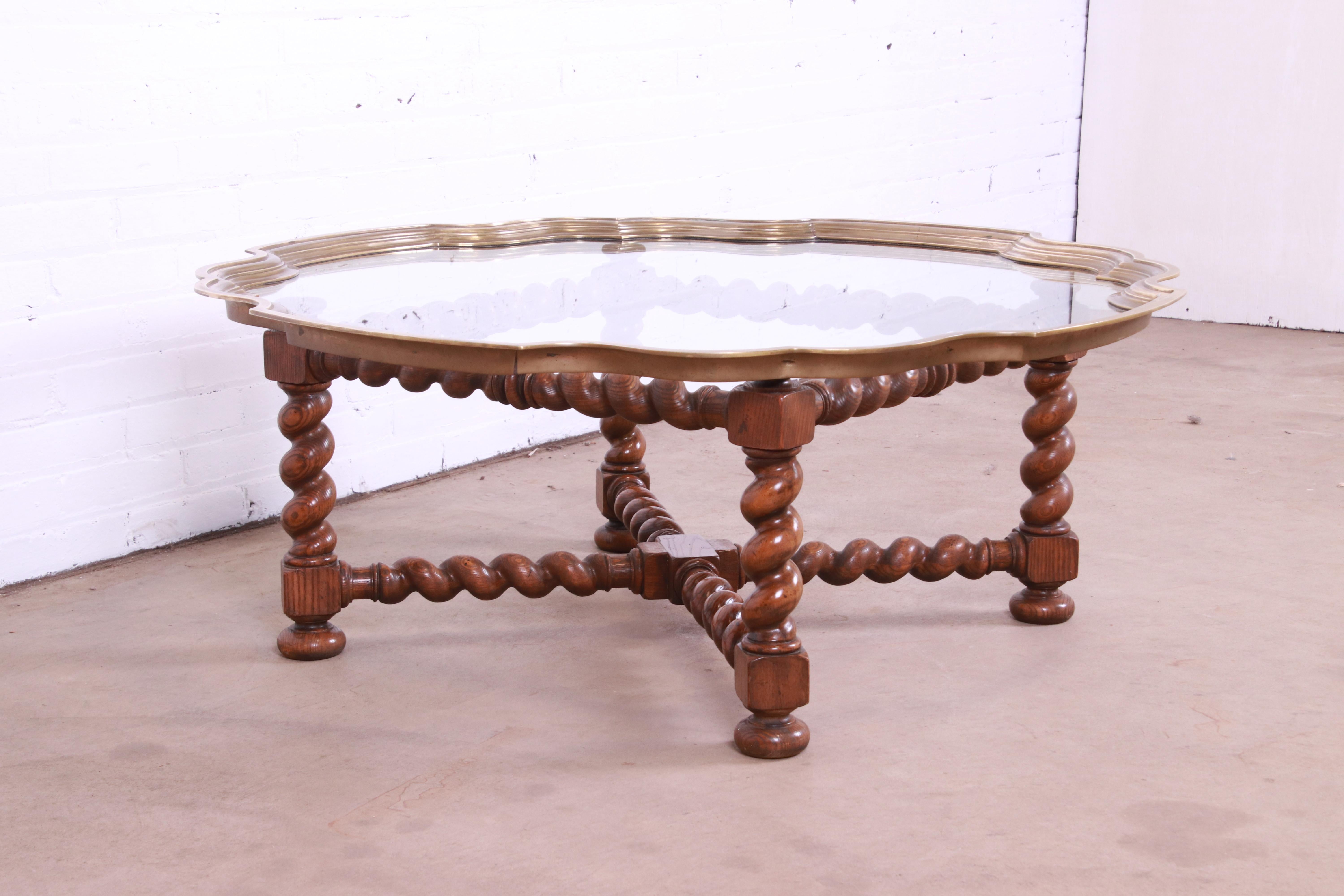20th Century Baker Furniture English Oak Barley Twist Cocktail Table with Brass and Glass Top