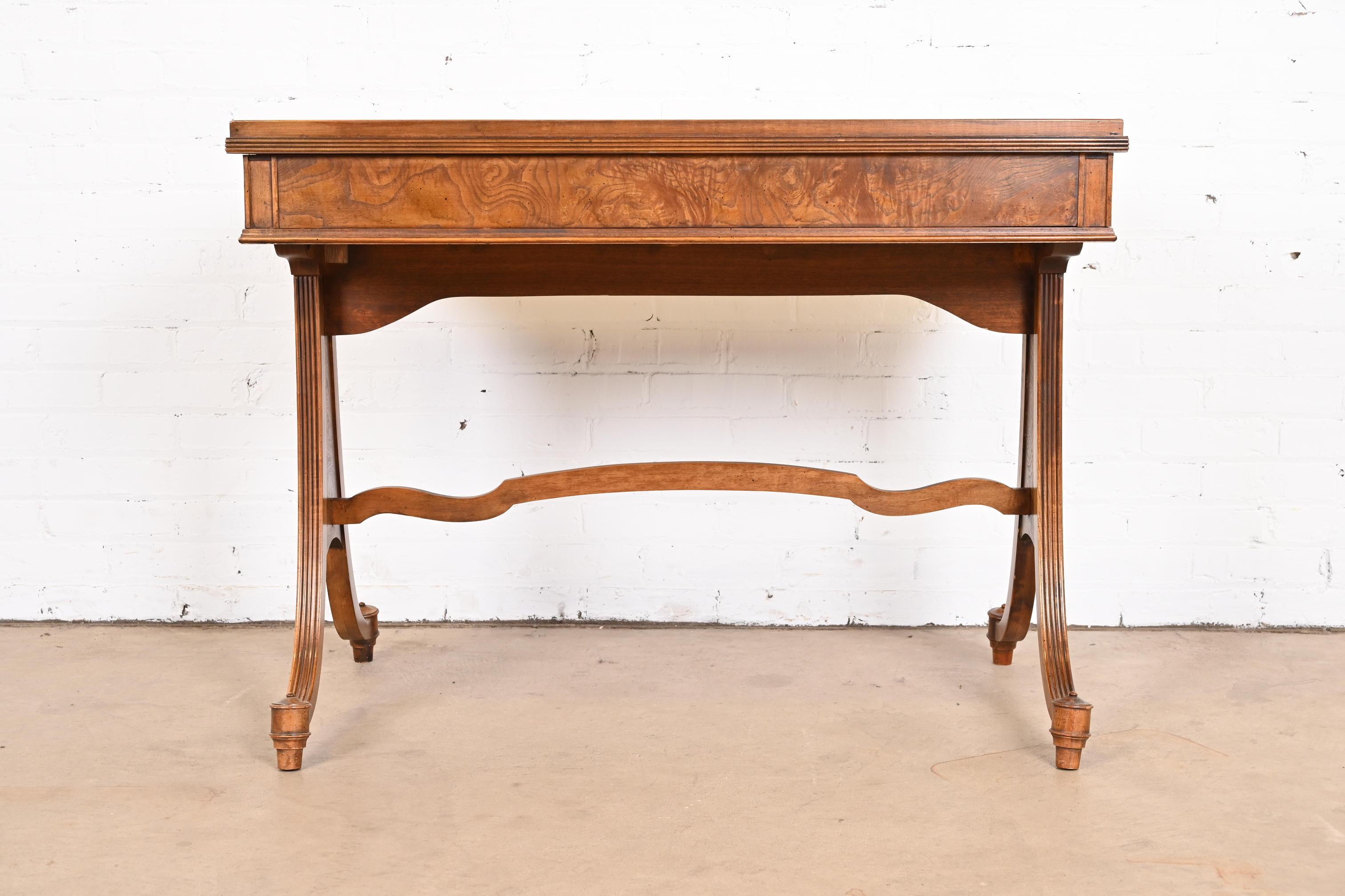 Baker Furniture English Regency Burled Walnut Writing Desk or Console Table For Sale 10