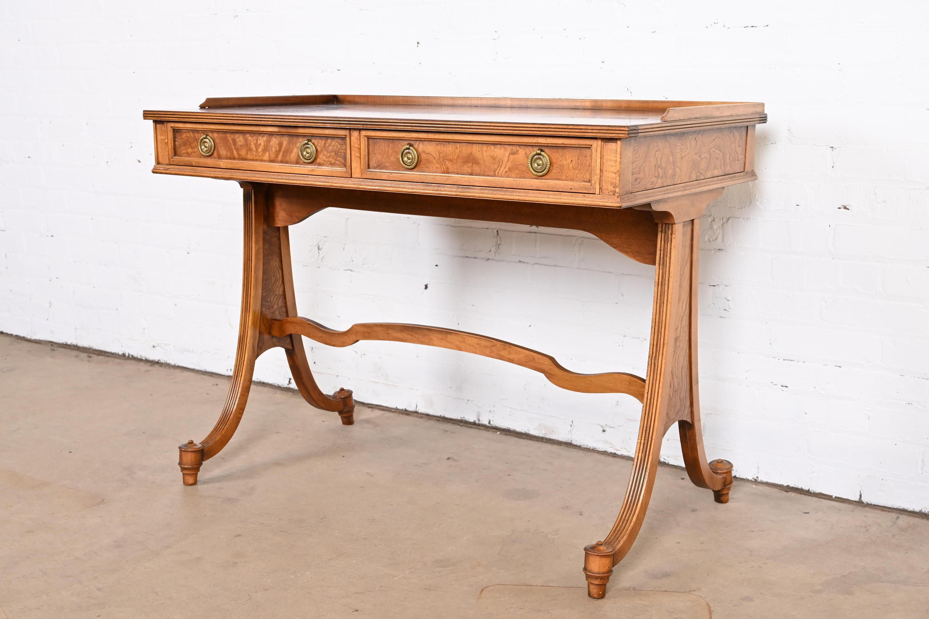 American Baker Furniture English Regency Burled Walnut Writing Desk or Console Table For Sale