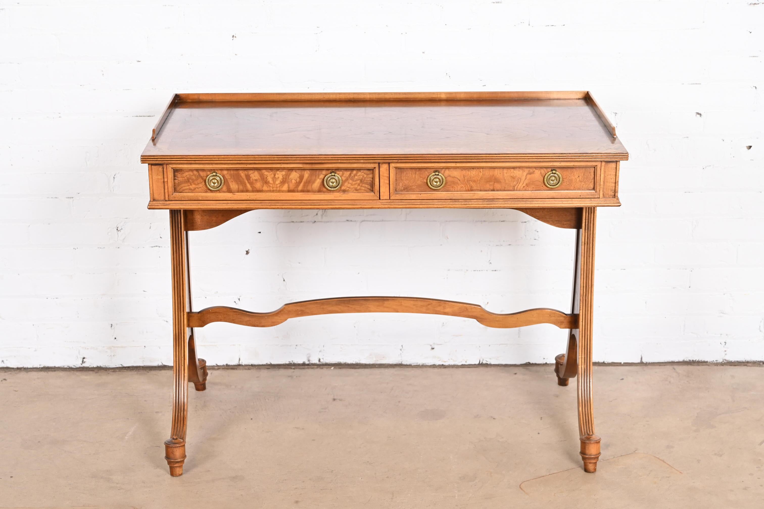 Baker Furniture English Regency Burled Walnut Writing Desk or Console Table In Good Condition For Sale In South Bend, IN