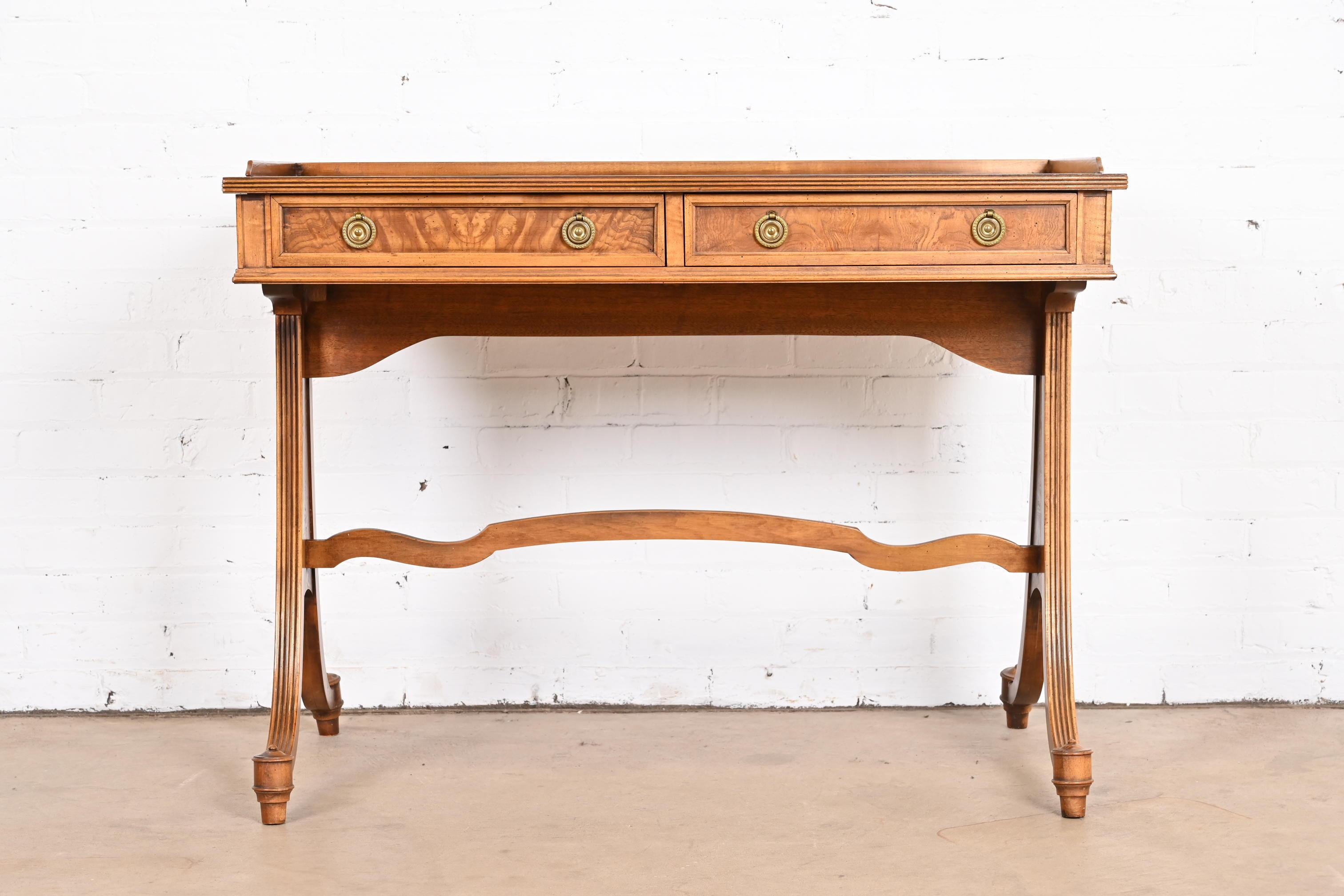 20th Century Baker Furniture English Regency Burled Walnut Writing Desk or Console Table For Sale