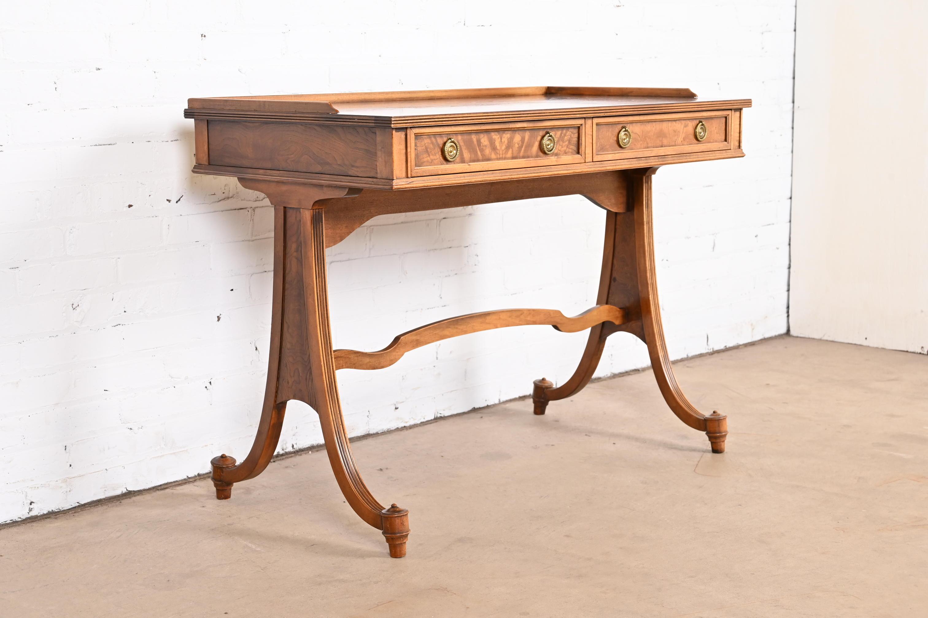 Brass Baker Furniture English Regency Burled Walnut Writing Desk or Console Table For Sale