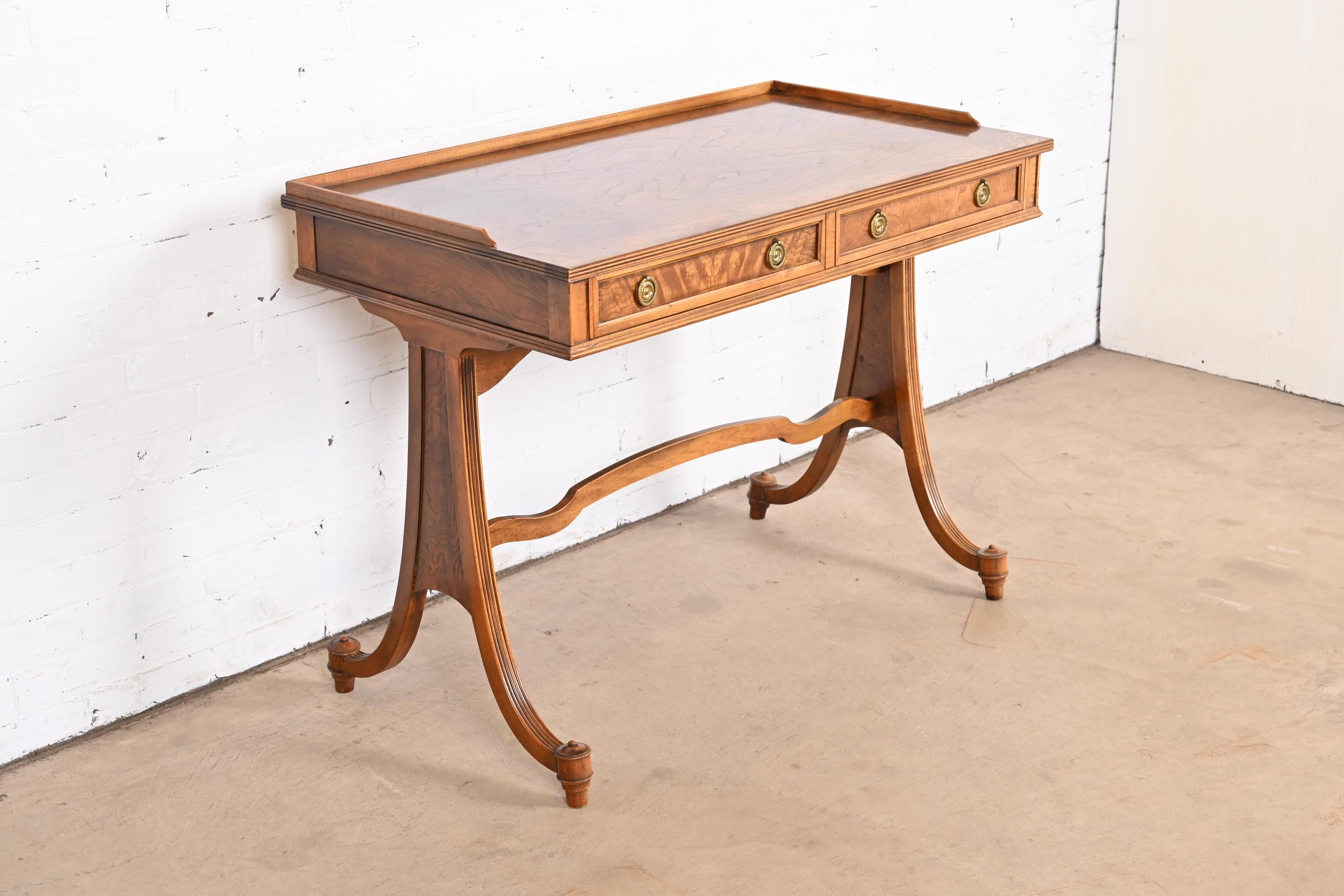 Baker Furniture English Regency Burled Walnut Writing Desk or Console Table For Sale 1