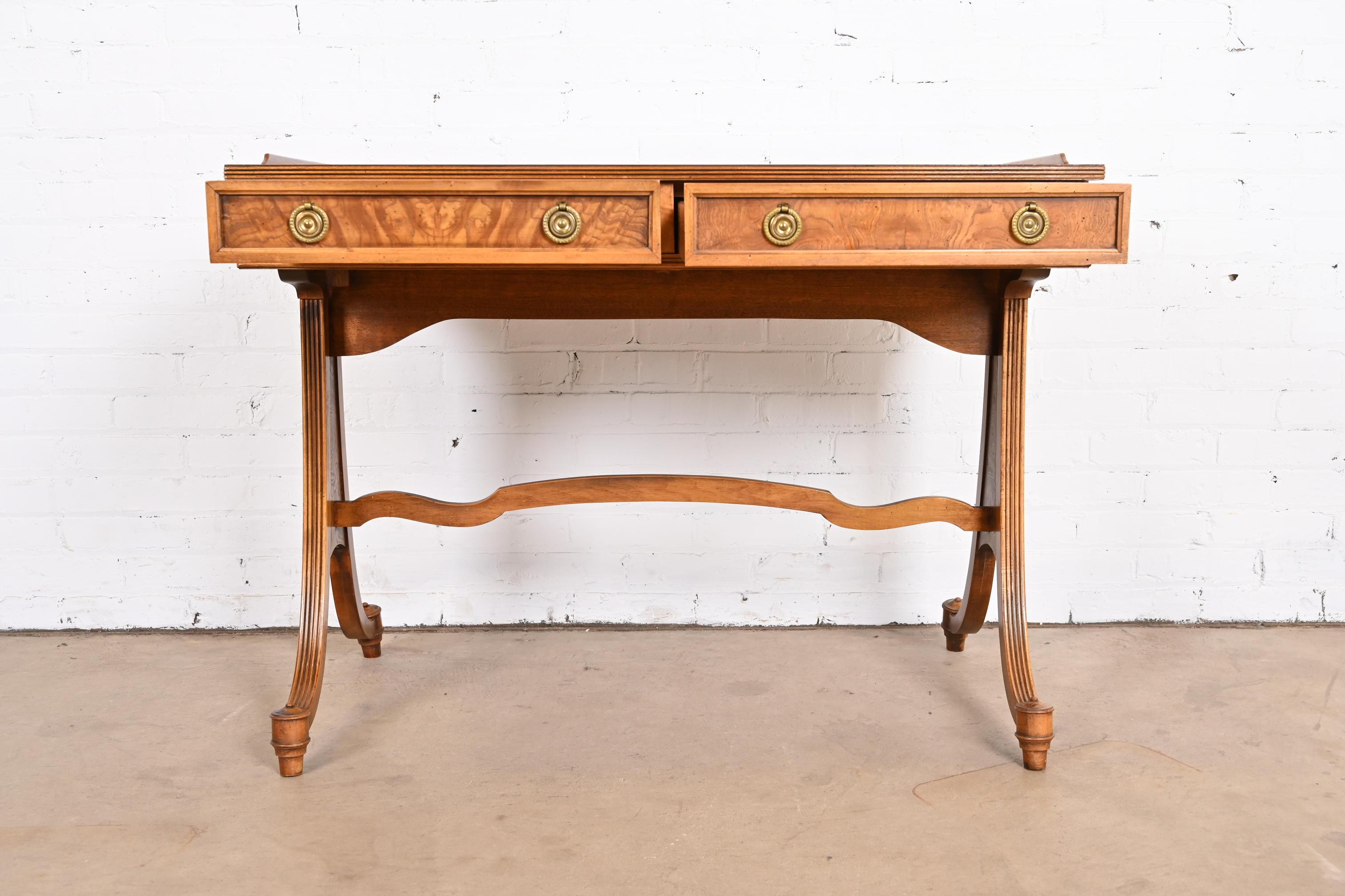 Baker Furniture English Regency Burled Walnut Writing Desk or Console Table For Sale 2