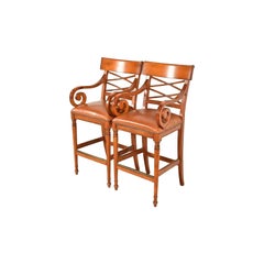 Baker Furniture English Regency Carved Walnut Bar Stools, Pair