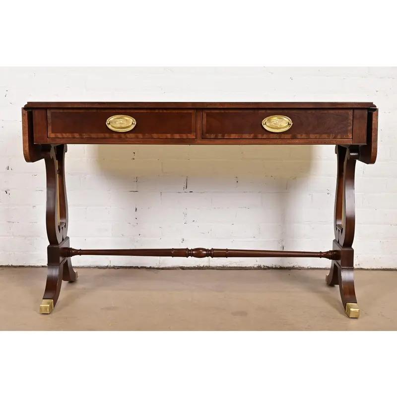 American Baker Furniture English Regency Lyre Base Console Table, Newly Refinished For Sale