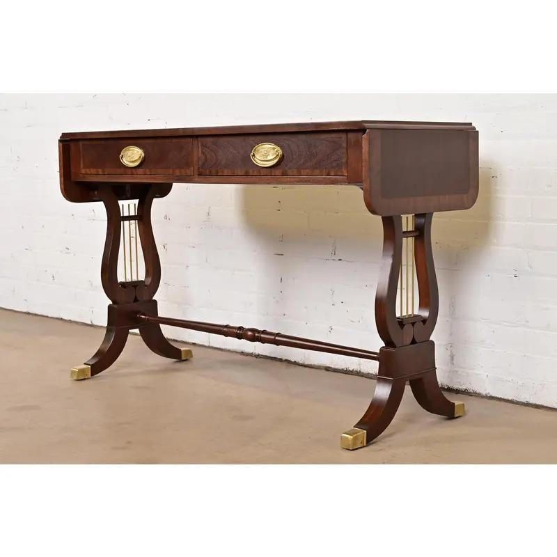 Baker Furniture English Regency Lyre Base Console Table, Newly Refinished In Good Condition For Sale In South Bend, IN