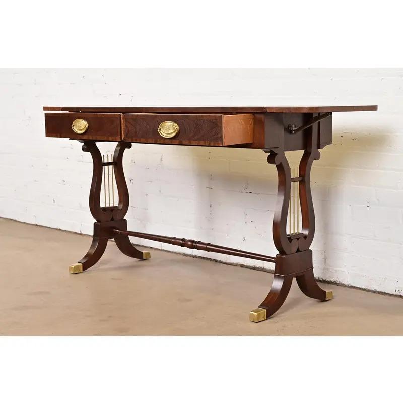 Late 20th Century Baker Furniture English Regency Lyre Base Console Table, Newly Refinished For Sale