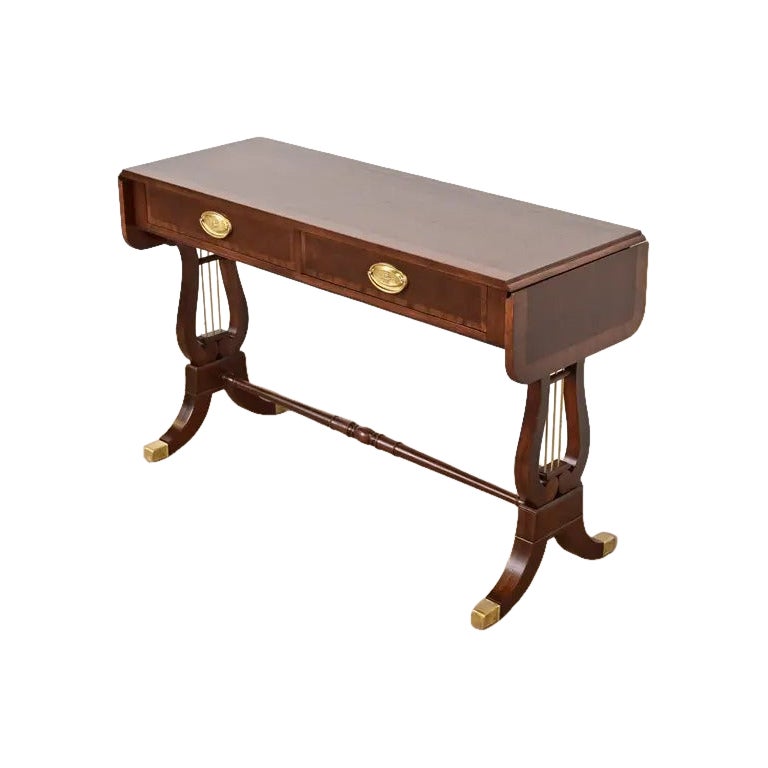 Baker Furniture English Regency Lyre Base Console Table, Newly Refinished For Sale
