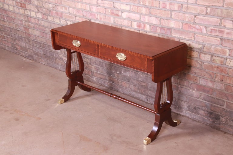 American Baker Furniture English Regency Mahogany Lyre Base Console Table, Refinished For Sale