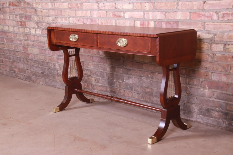 Baker Furniture English Regency Mahogany Lyre Base Console Table, Refinished In Good Condition For Sale In South Bend, IN