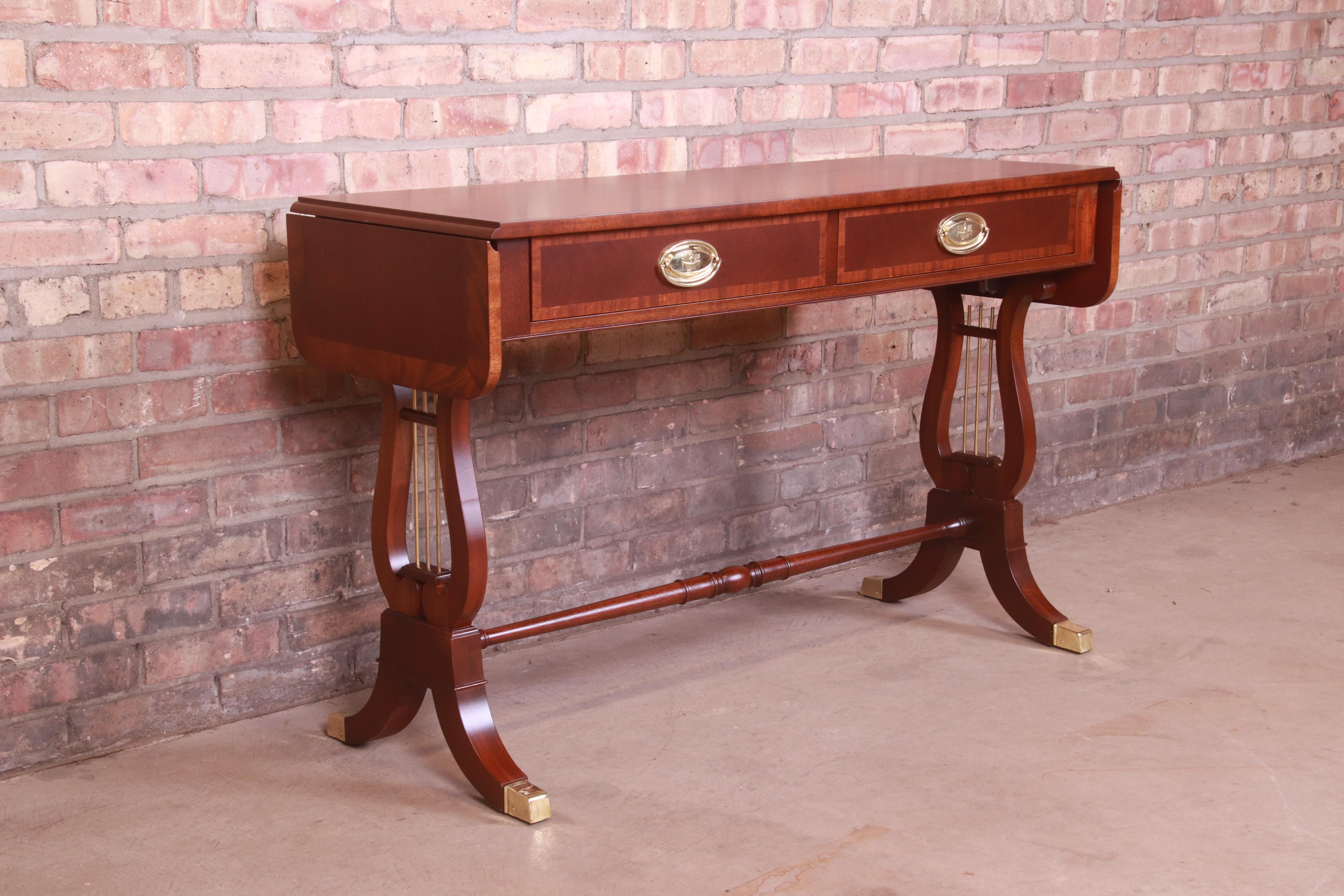 Baker Furniture English Regency Mahogany Lyre Base Console Table, Refinished In Good Condition In South Bend, IN