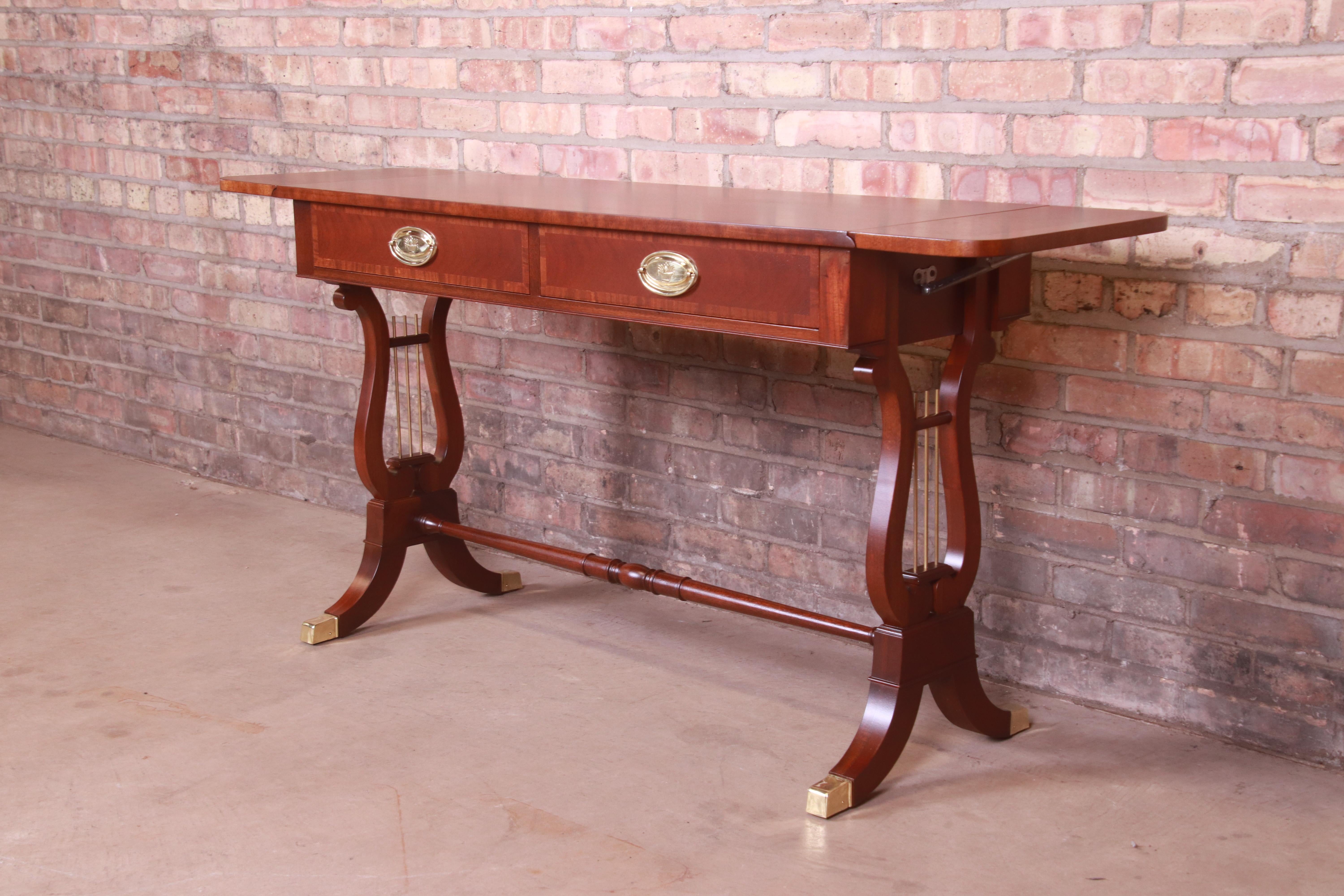 20th Century Baker Furniture English Regency Mahogany Lyre Base Console Table, Refinished