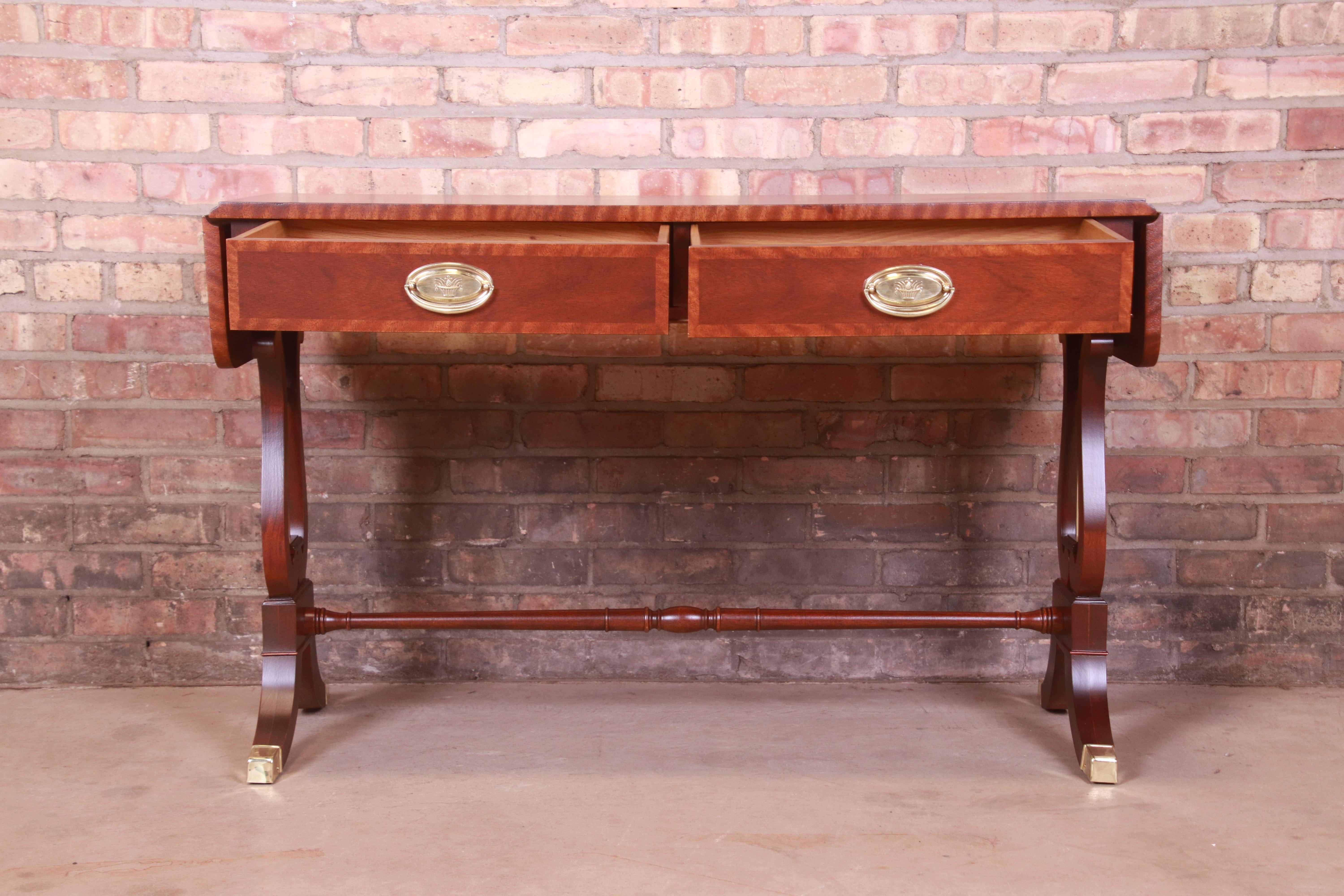 20th Century Baker Furniture English Regency Mahogany Lyre Base Console Table, Refinished For Sale