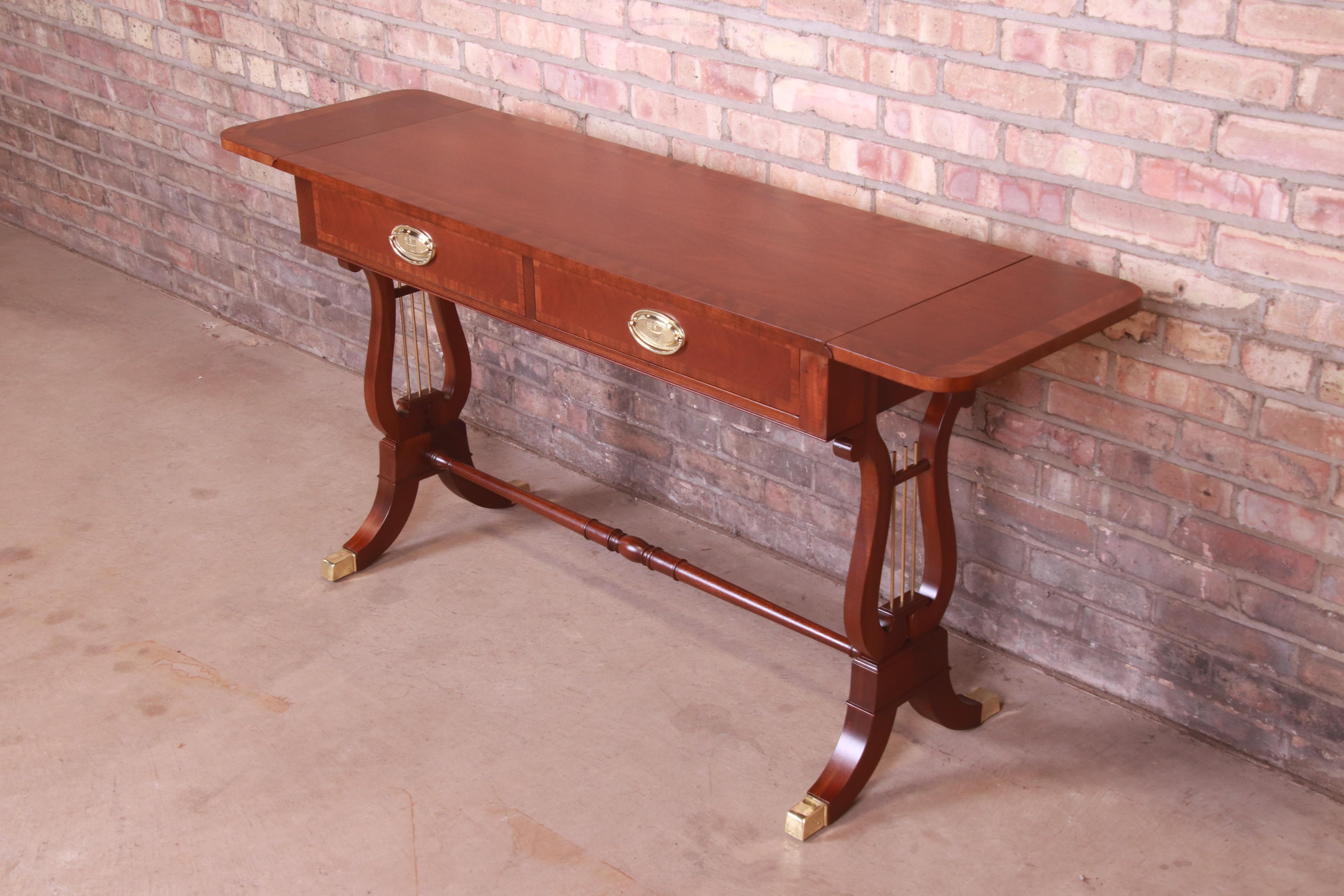 Brass Baker Furniture English Regency Mahogany Lyre Base Console Table, Refinished