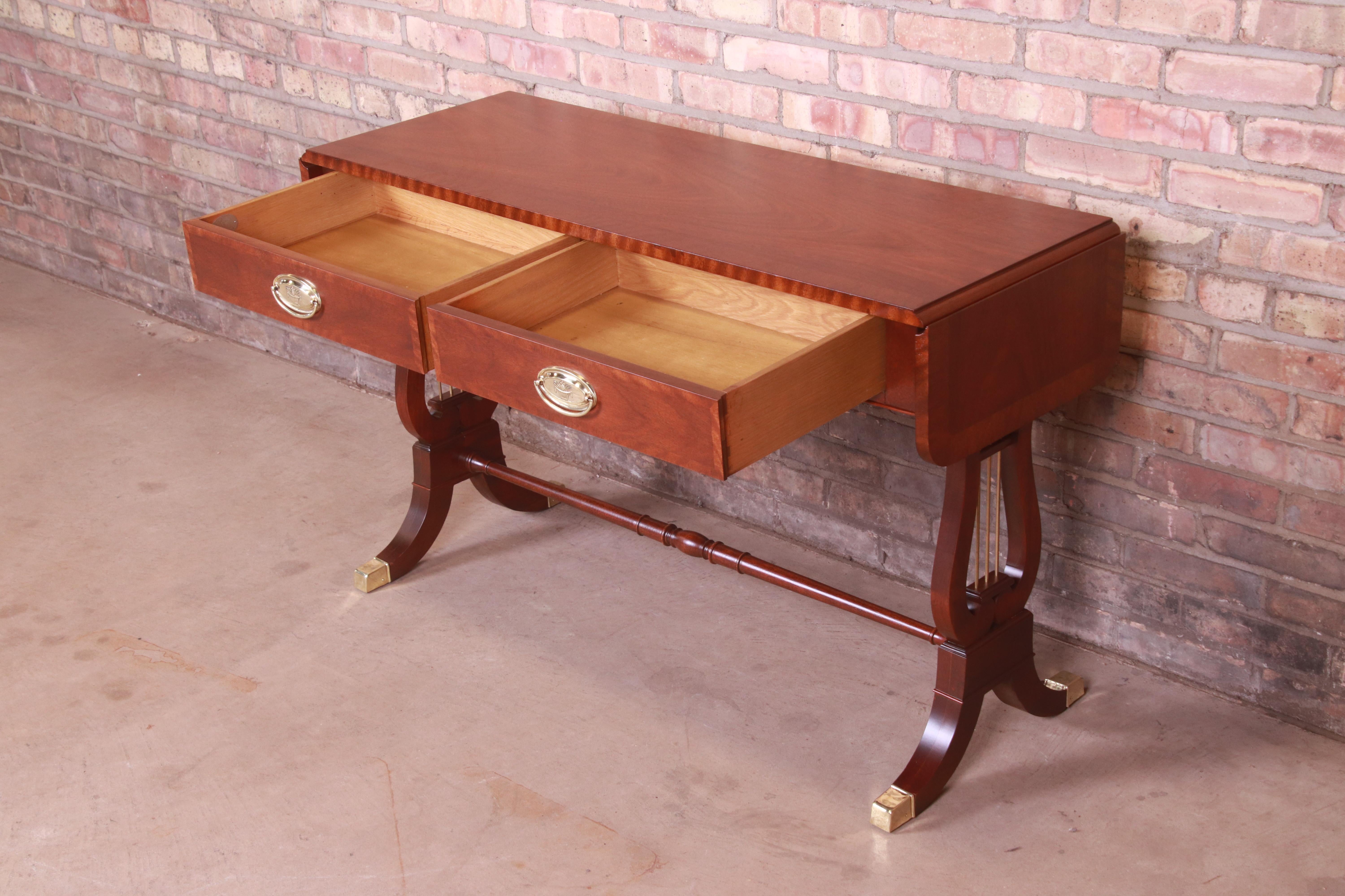 Brass Baker Furniture English Regency Mahogany Lyre Base Console Table, Refinished For Sale