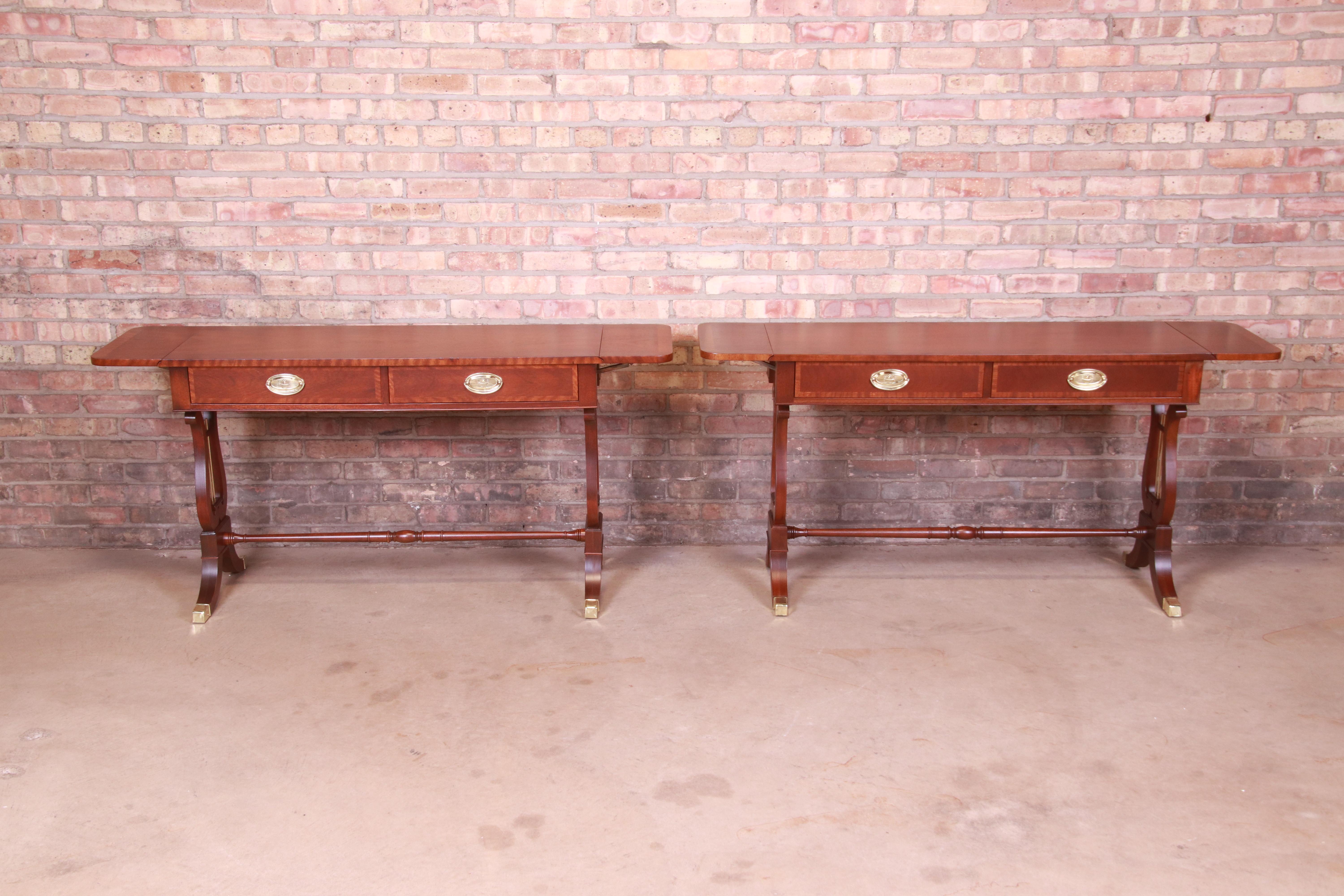 Baker Furniture English Regency Mahogany Lyre Base Console Tables, Pair 7