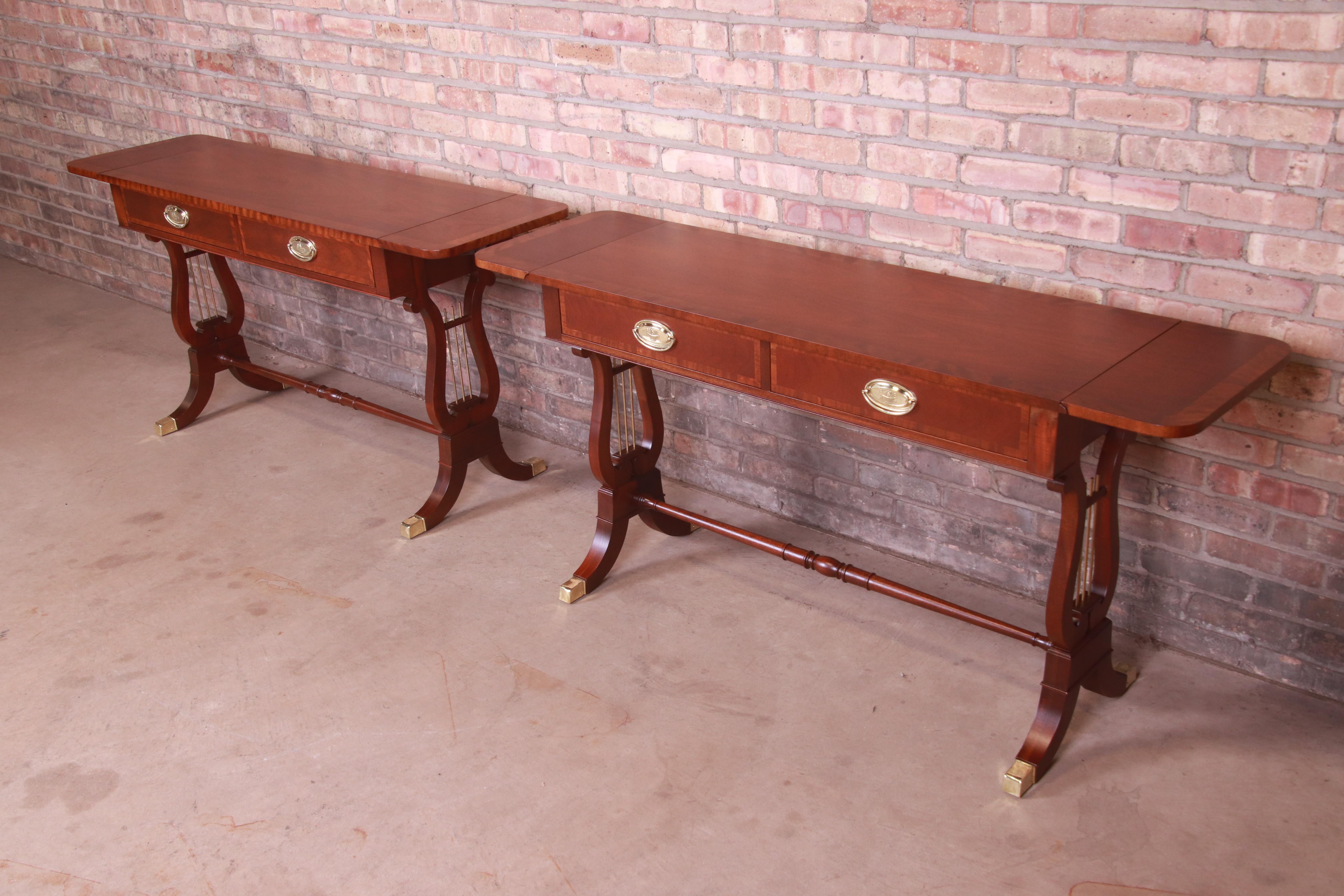 Baker Furniture English Regency Mahogany Lyre Base Console Tables, Pair 9