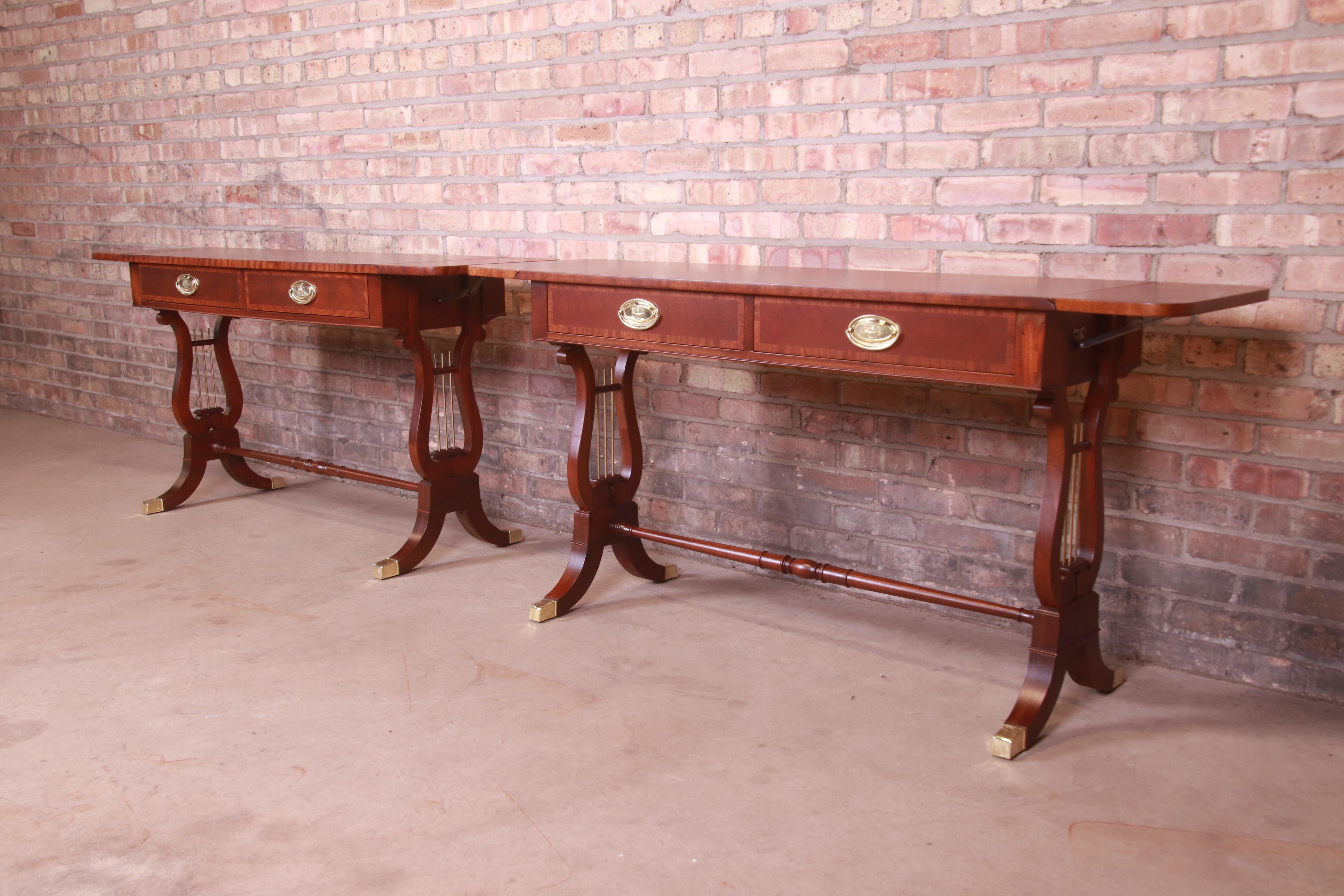 Baker Furniture English Regency Mahogany Lyre Base Console Tables, Pair 10