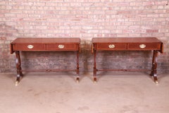 Baker Furniture English Regency Mahogany Lyre Base Console Tables, Pair