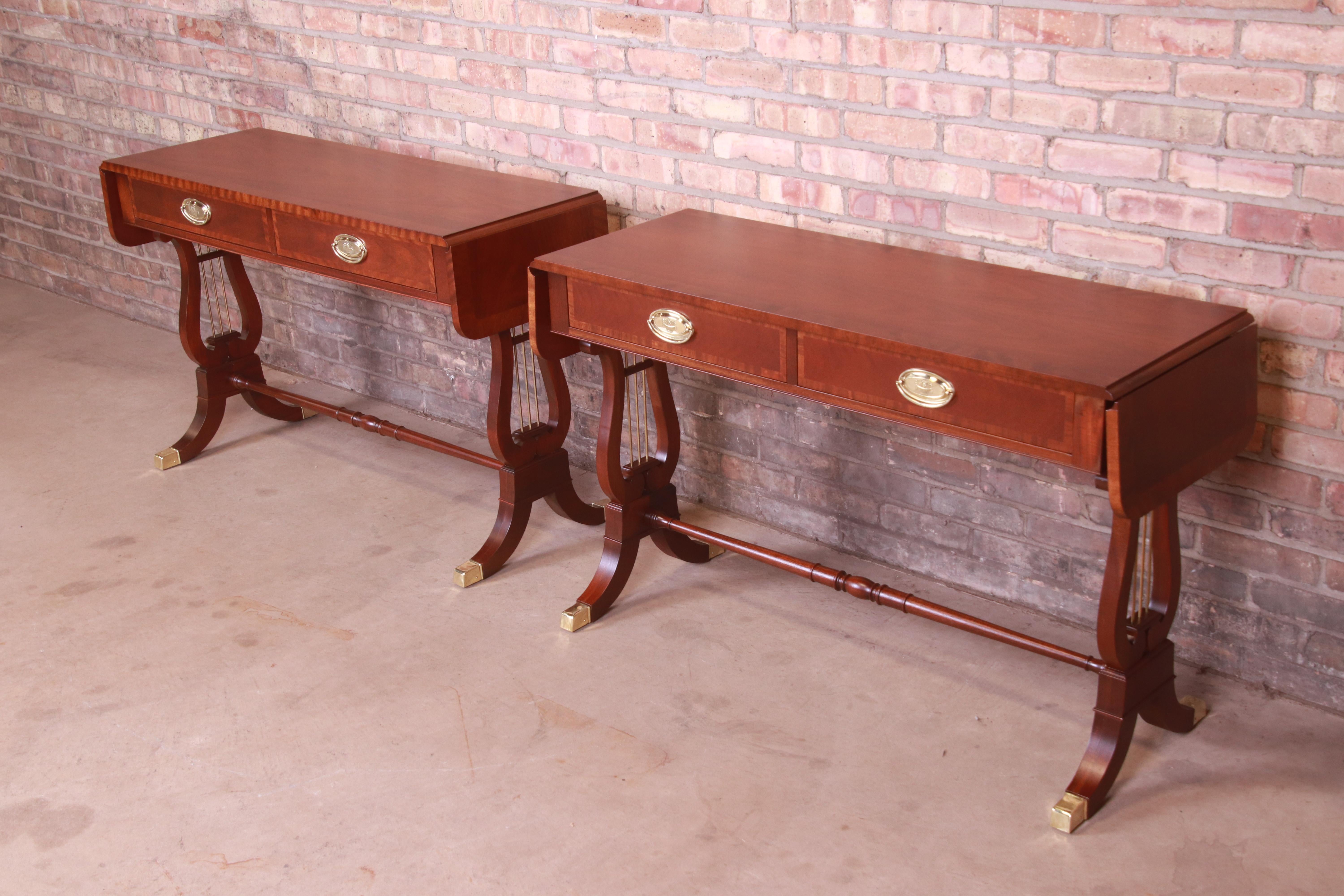 Baker Furniture English Regency Mahogany Lyre Base Console Tables, Pair In Good Condition In South Bend, IN