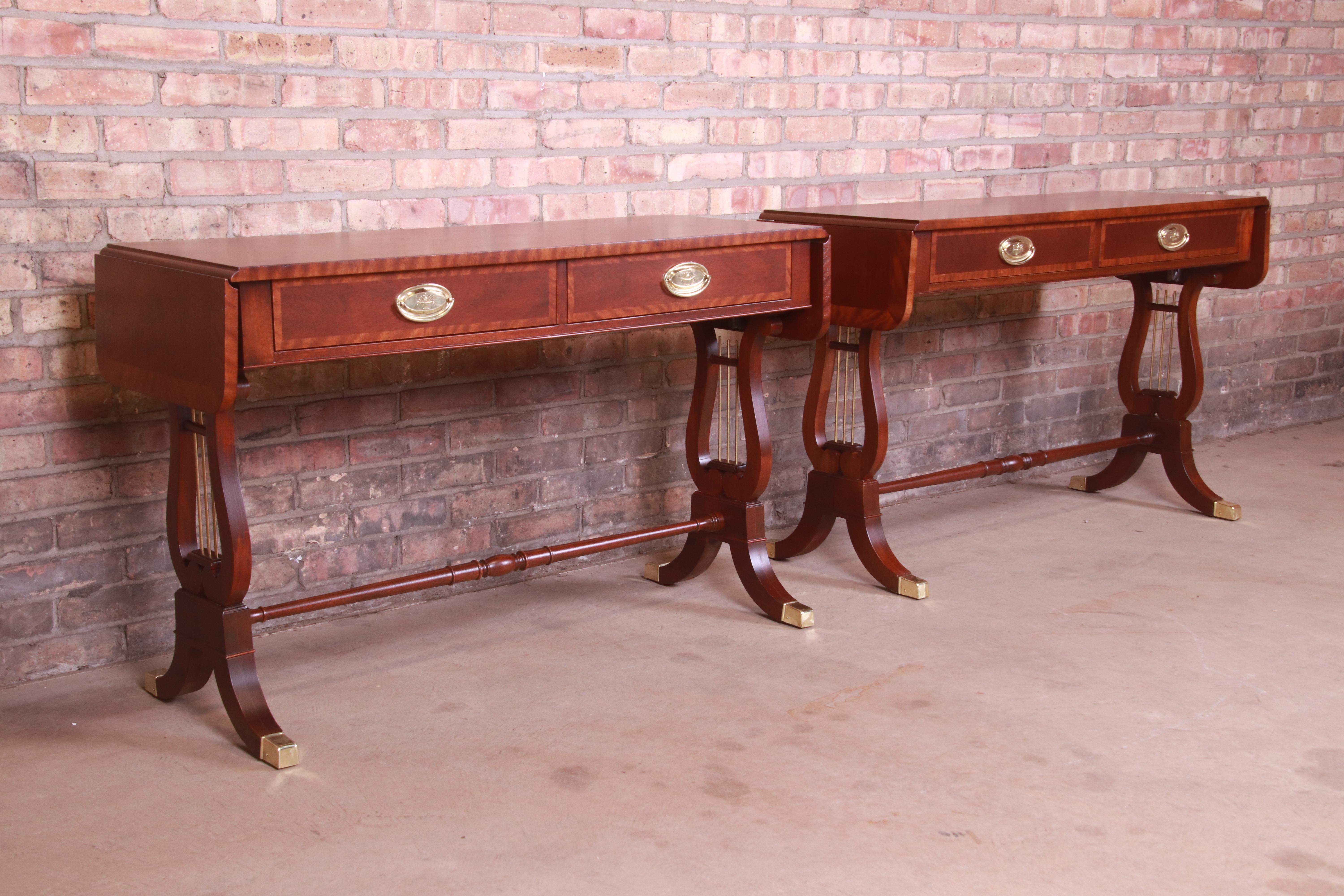 20th Century Baker Furniture English Regency Mahogany Lyre Base Console Tables, Pair