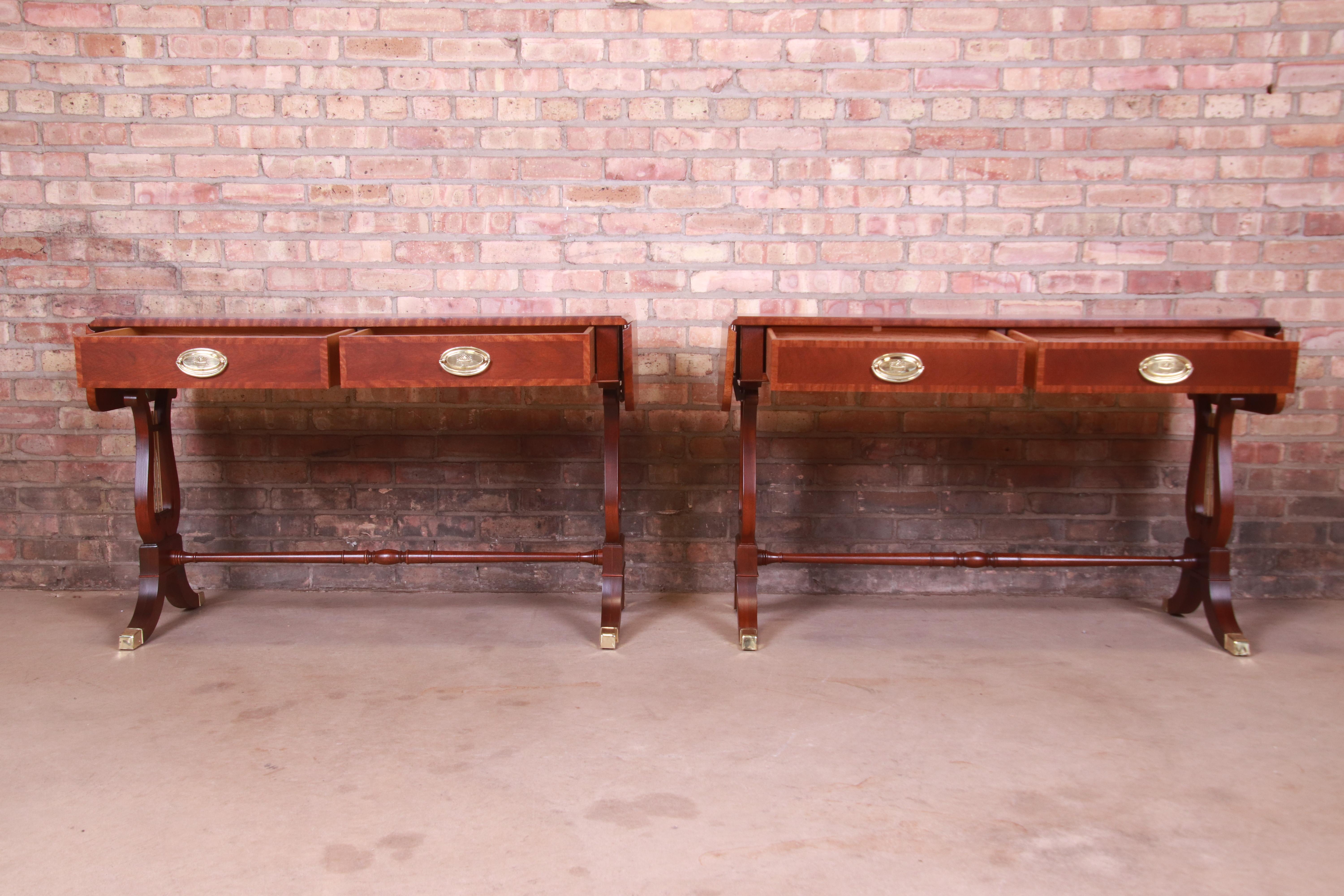 Baker Furniture English Regency Mahogany Lyre Base Console Tables, Pair 1