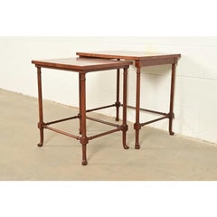 Baker Furniture English Regency Walnut Parquet Top Nesting Tables, Pair