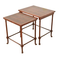 Baker Furniture English Regency Walnut Parquet Top Nesting Tables, Pair