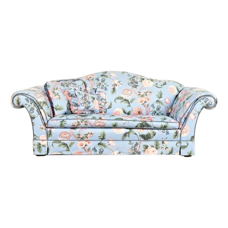 Baker Furniture English Traditional Floral Upholstered Roll Arm Camelback Sofa For Sale