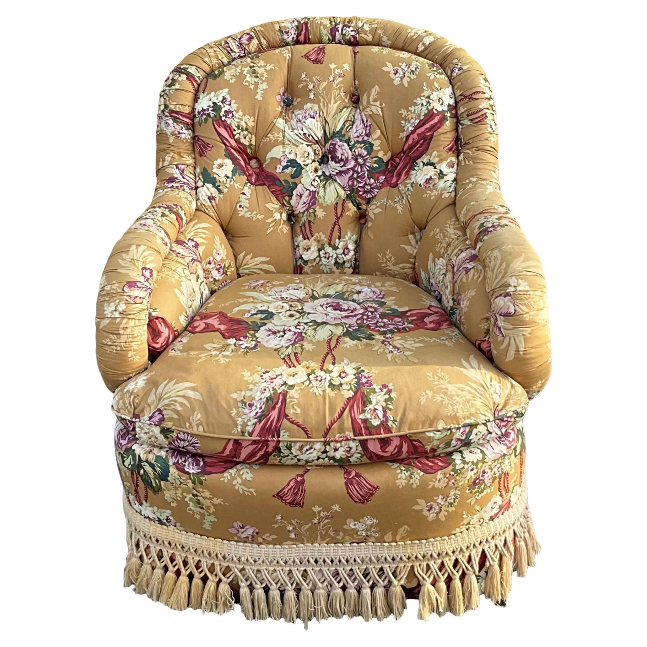 Baker Furniture English Victorian Style Club Chair In Vintage Chintz Upholstery 
