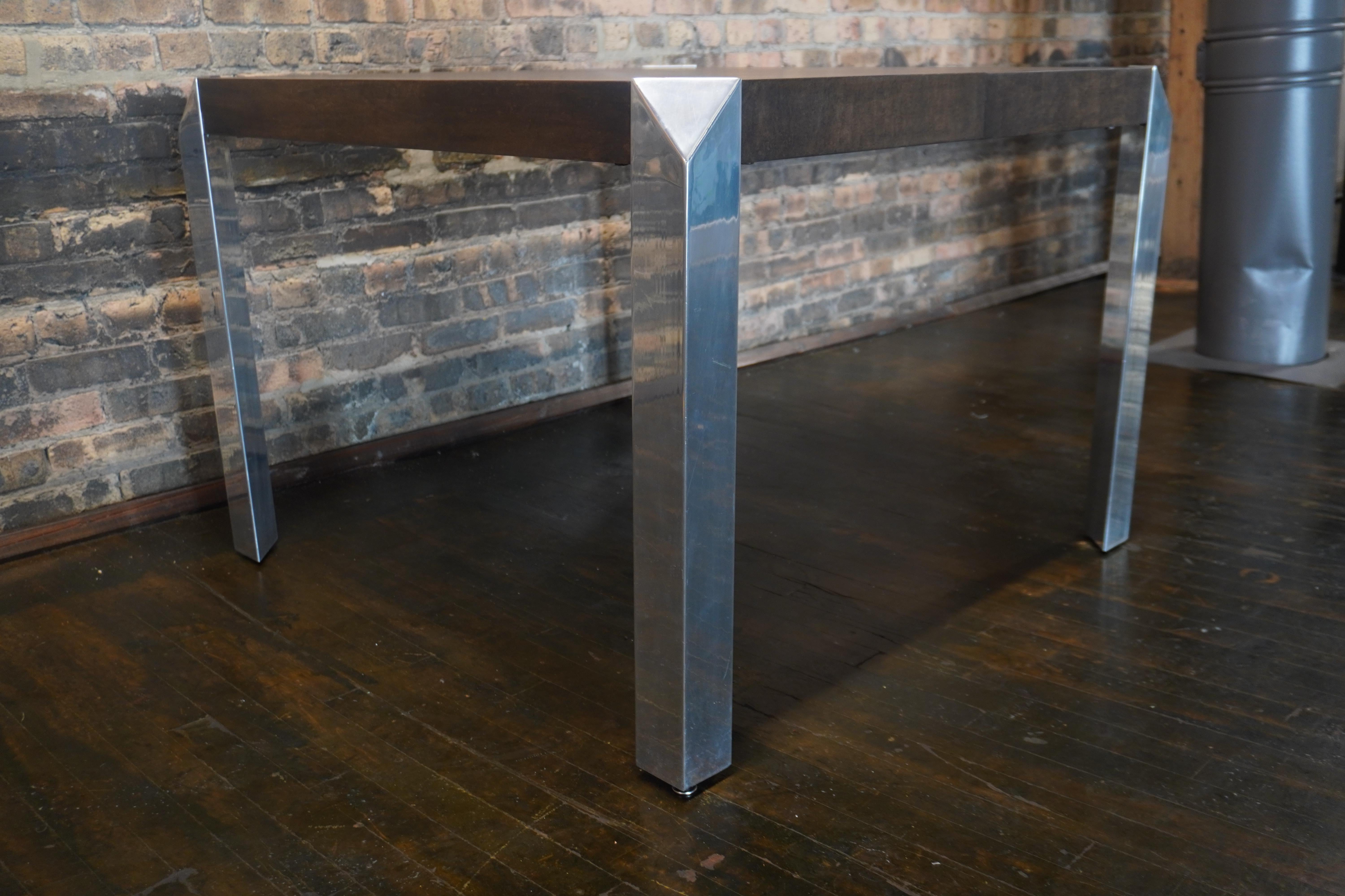 Mid-Century Modern Baker Furniture Expandable Modern Dining Table with Chrome Legs and 3 Leaves For Sale