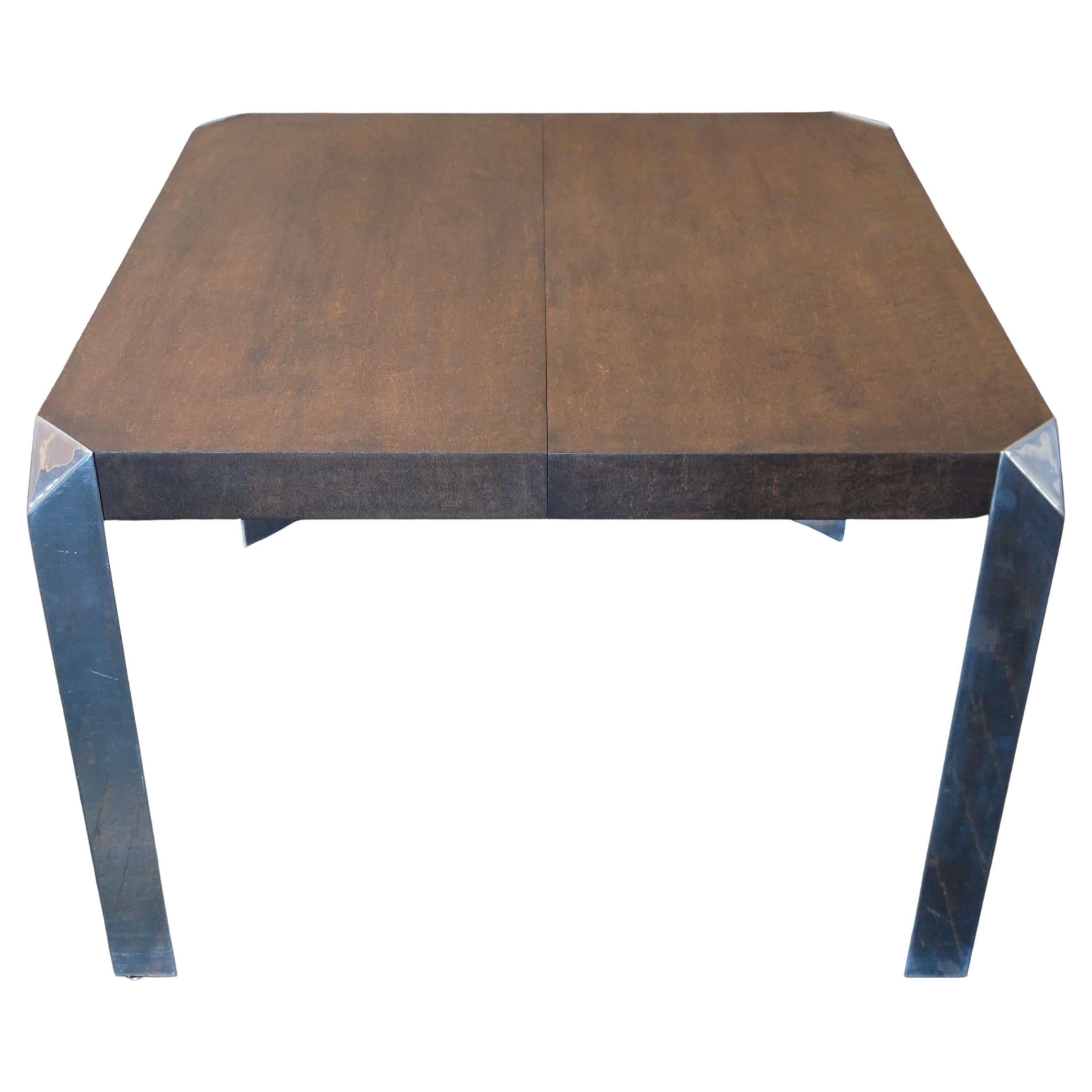 Baker Furniture Expandable Modern Dining Table with Chrome Legs and 3 Leaves For Sale