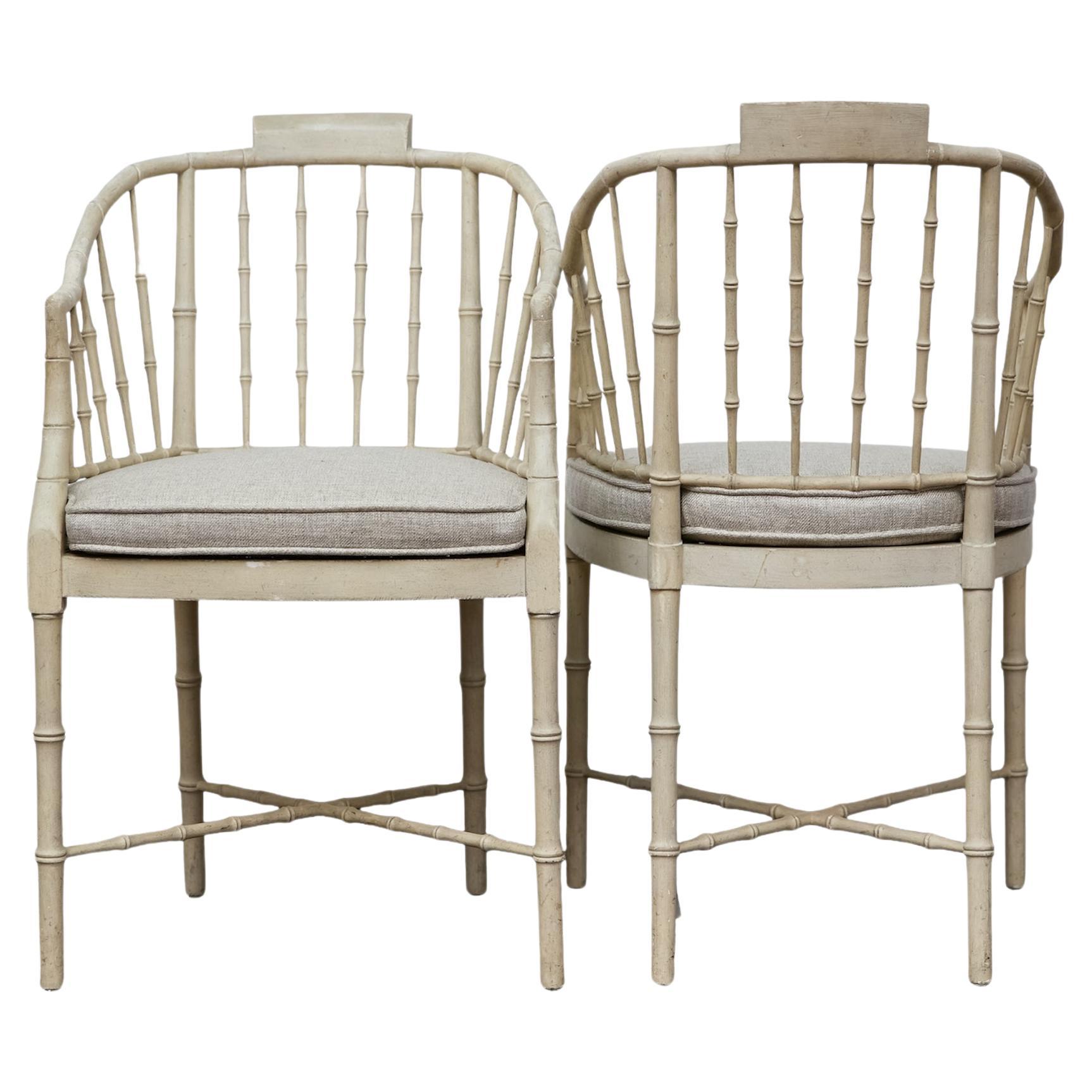 Baker Furniture Faux Bamboo Accent Chairs with Upholstered Linen Cushions, Pair